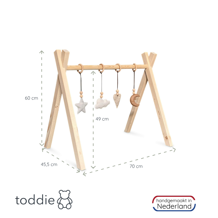Holz Babygym | Massiver Holzspielbogen Tipi-Form mit Natur hängespielzeuge - natur Spielbogen + Hängespielzeuge toddie.de