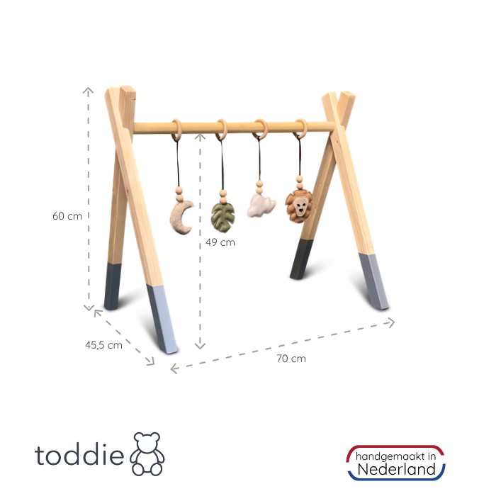 Holz Babygym | Massiver Holzspielbogen Tipi-Form mit Dschungel hängespielzeuge - denim drift Spielbogen + Hängespielzeuge toddie.de