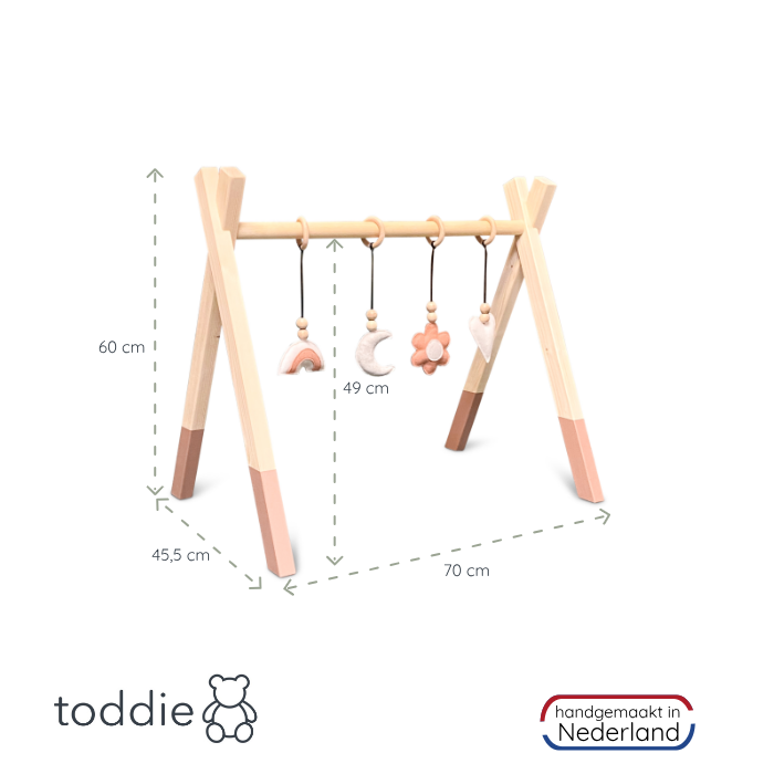 Holz Babygym | Massiver Holzspielbogen Tipi-Form mit Blume und Regenbogen hängespielzeuge - terra rosa Spielbogen + Hängespielzeuge toddie.de