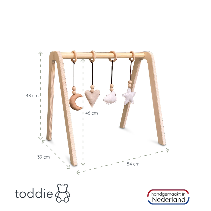 Holz Babygym | Massiver Holzspielbogen mit Natur hängespielzeuge - natur Spielbogen + Hängespielzeuge toddie.de