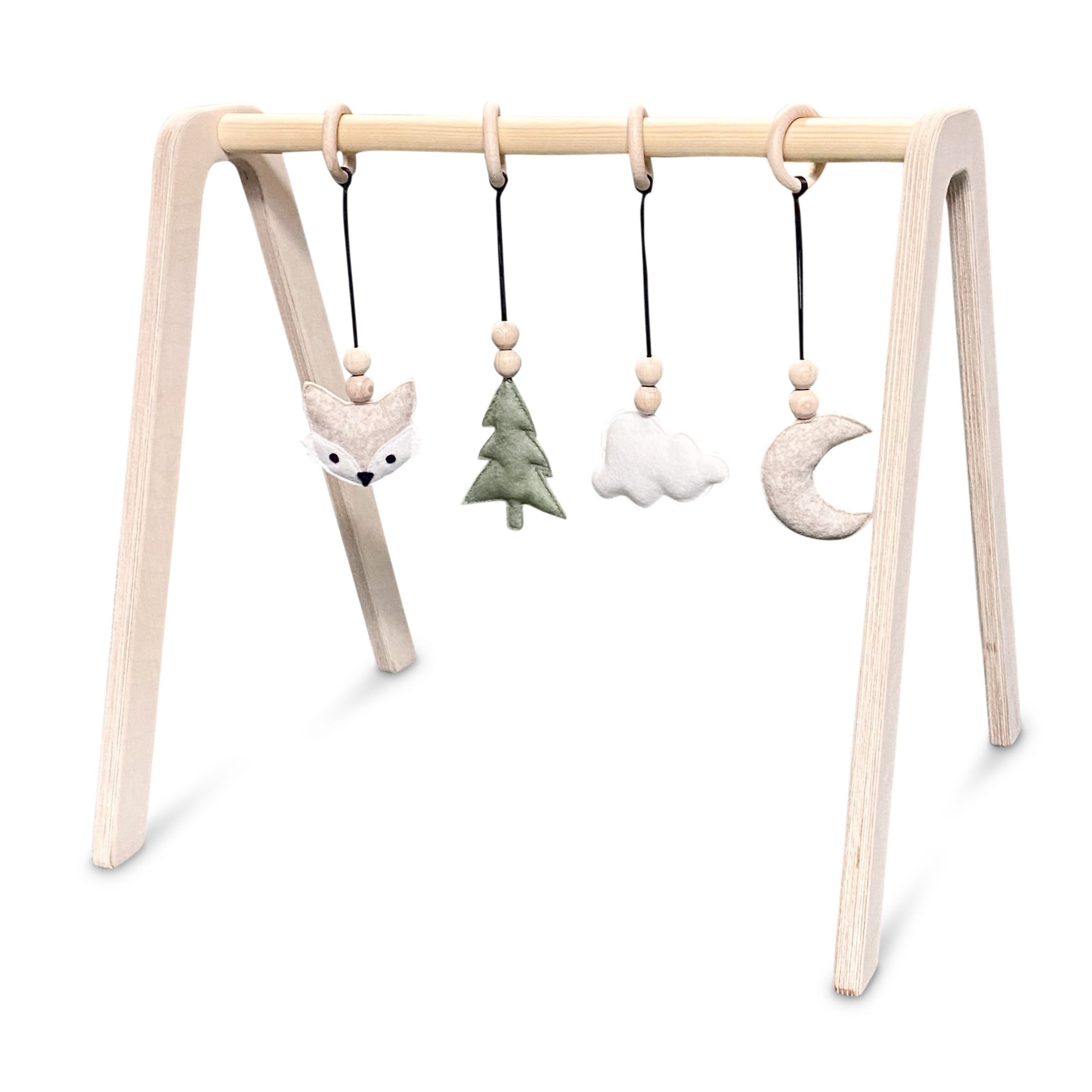 Holz Babygym | Massiver Holzspielbogen mit Waldtiere hängespielzeuge - natur Spielbogen + Hängespielzeuge toddie.de