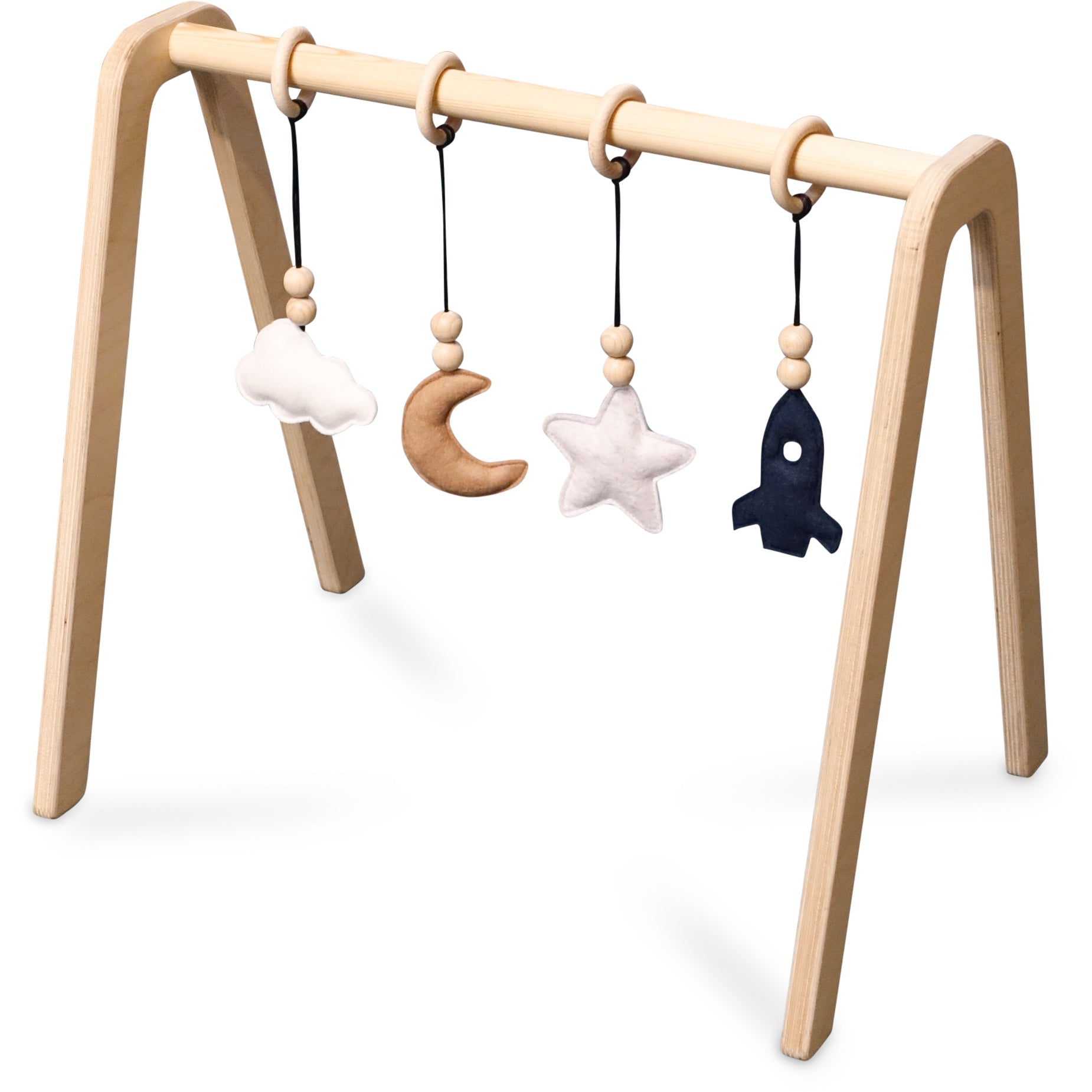 Holz Babygym | Massiver Holzspielbogen mit Raum hängespielzeuge - natur Spielbogen + Hängespielzeuge toddie.de