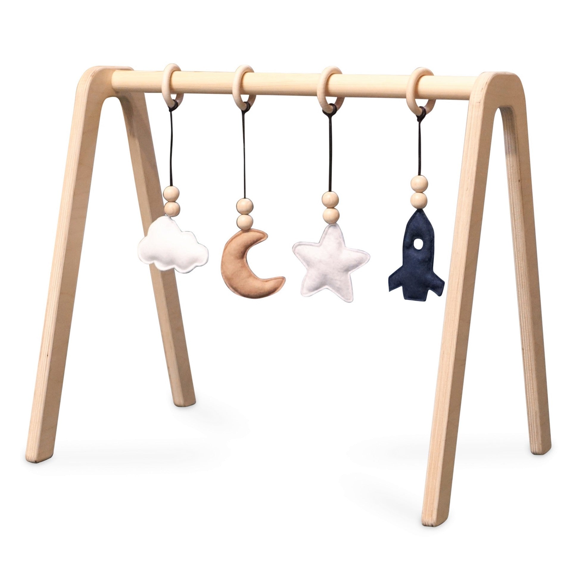 Holz Babygym | Massiver Holzspielbogen mit Raum hängespielzeuge - natur Spielbogen + Hängespielzeuge toddie.de