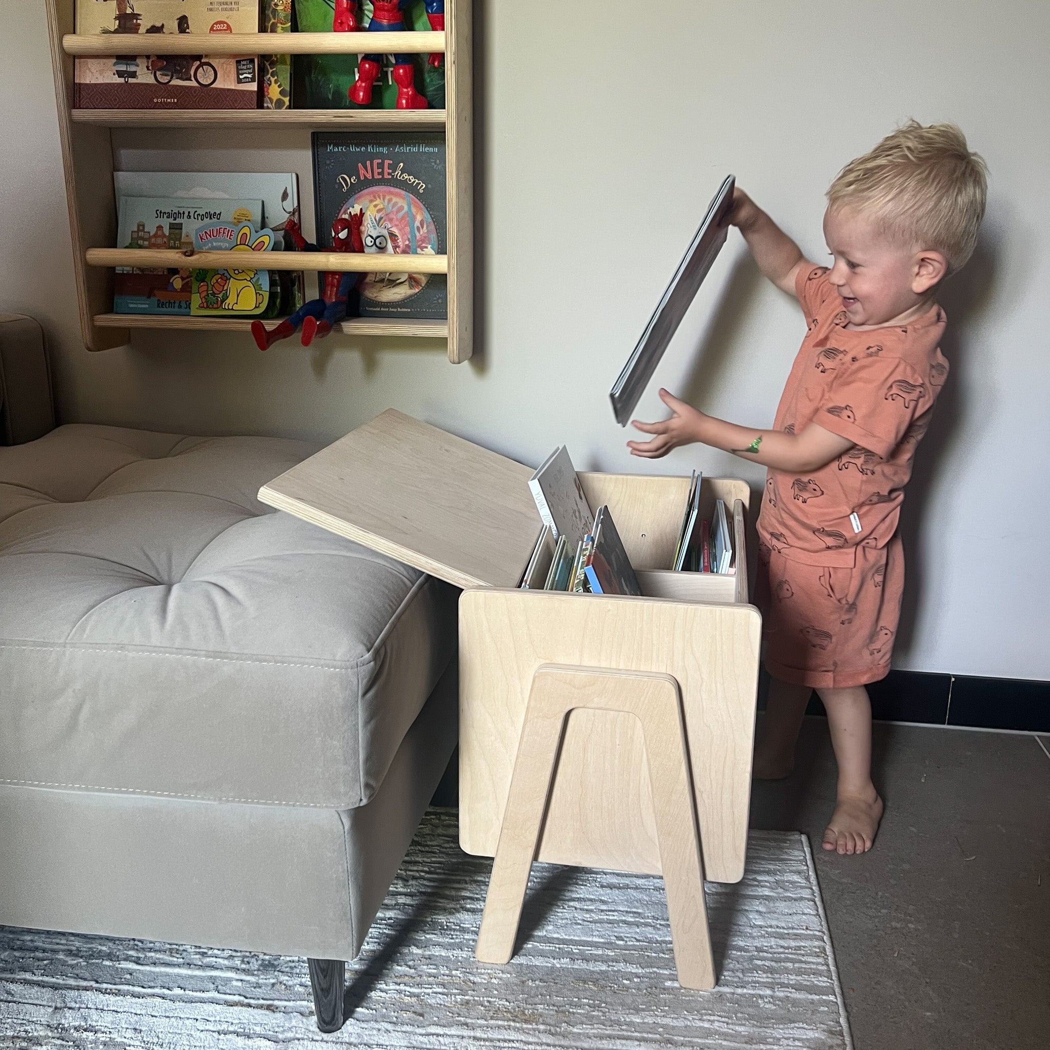 Montessori Aufbewahrungskiste Kinderzimmer | Holzbücherkiste mit Deckel - natur Aufbewahrungskiste toddie.de