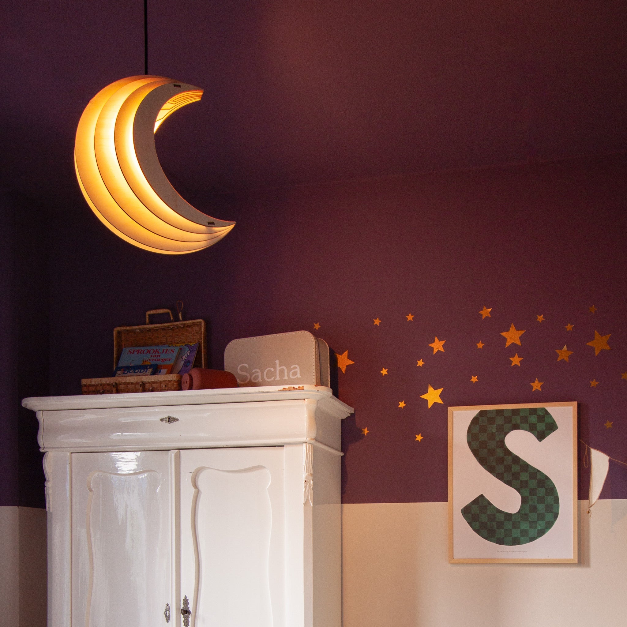 Hölzerne Pendelleuchte Kinderzimmer | Mond - natur Pendelleuchte toddie.de ®