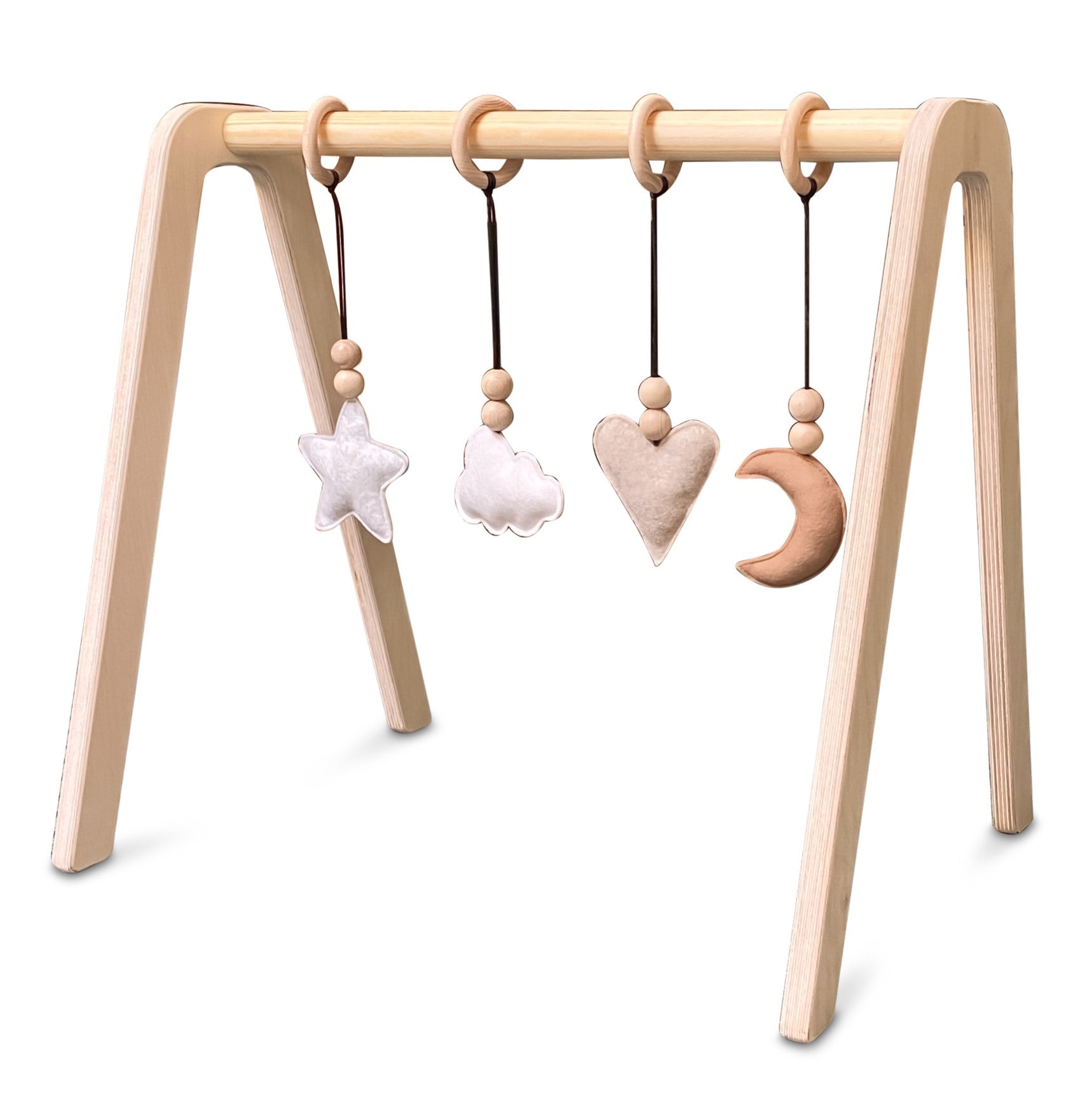 Holz Babygym | Massiver Holzspielbogen mit Natur hängespielzeuge - natur Spielbogen + Hängespielzeuge toddie.de