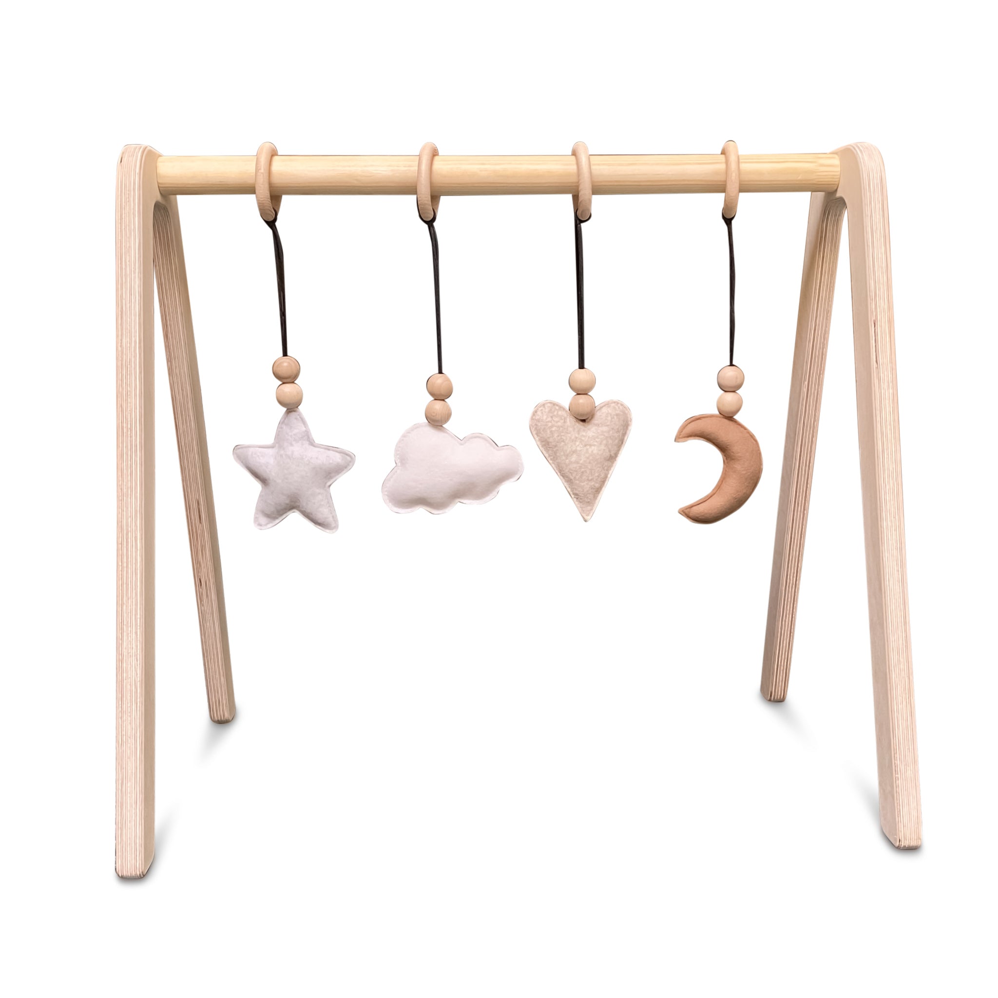 Holz Babygym | Massiver Holzspielbogen mit Natur hängespielzeuge - natur Spielbogen + Hängespielzeuge toddie.de