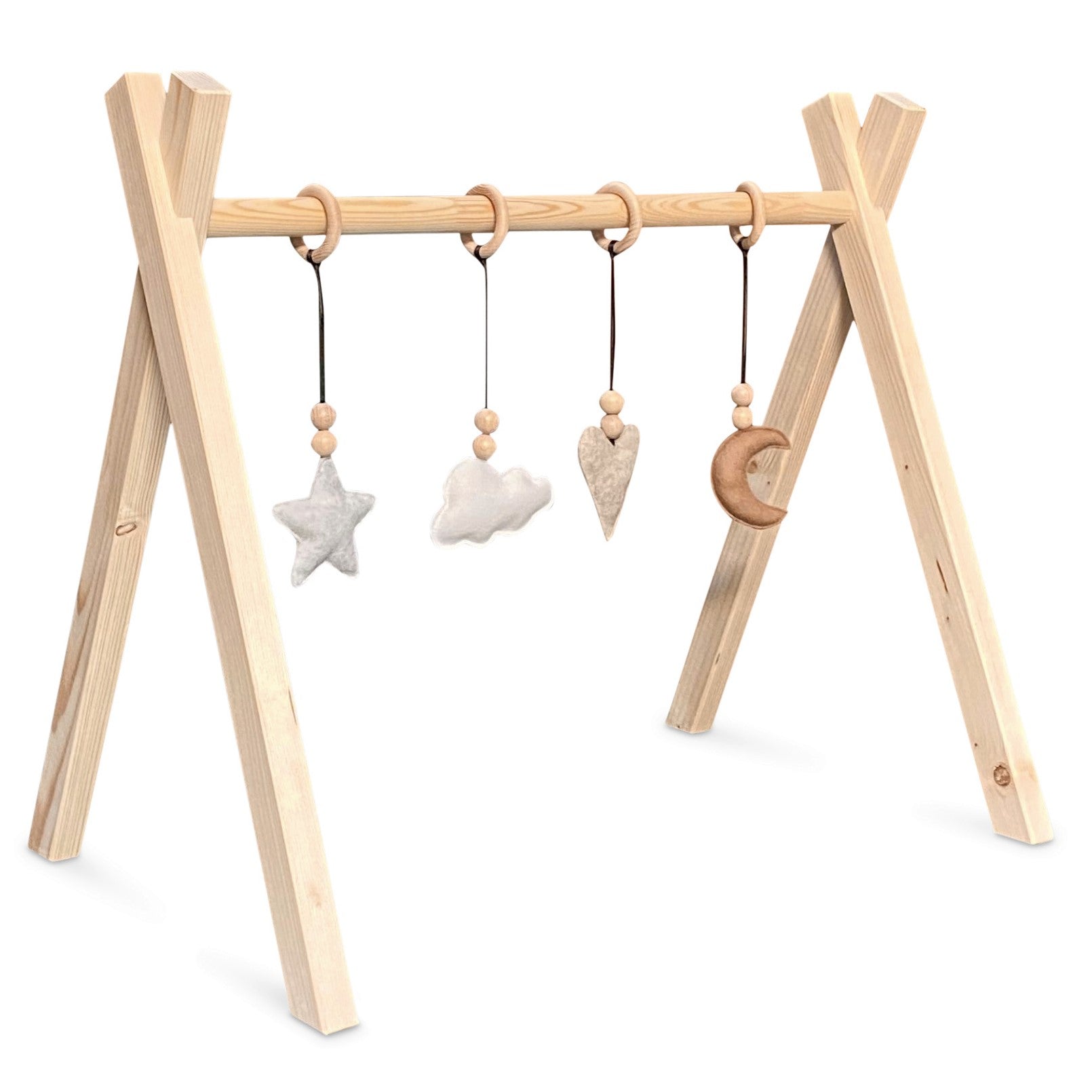 Holz Babygym | Massiver Holzspielbogen Tipi-Form mit Natur hängespielzeuge - natur Spielbogen + Hängespielzeuge toddie.de