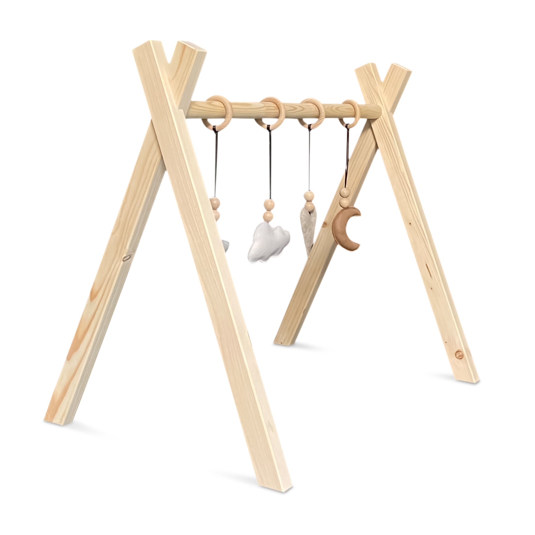 Holz Babygym | Massiver Holzspielbogen Tipi-Form mit Natur hängespielzeuge - natur Spielbogen + Hängespielzeuge toddie.de