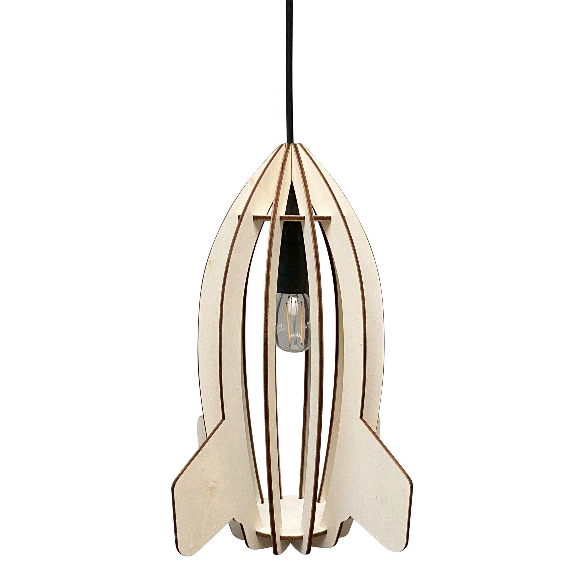 Hölzerne Pendelleuchte Kinderzimmer | Rakete - natur Pendelleuchte toddie.de ® Schwarzes Kabel