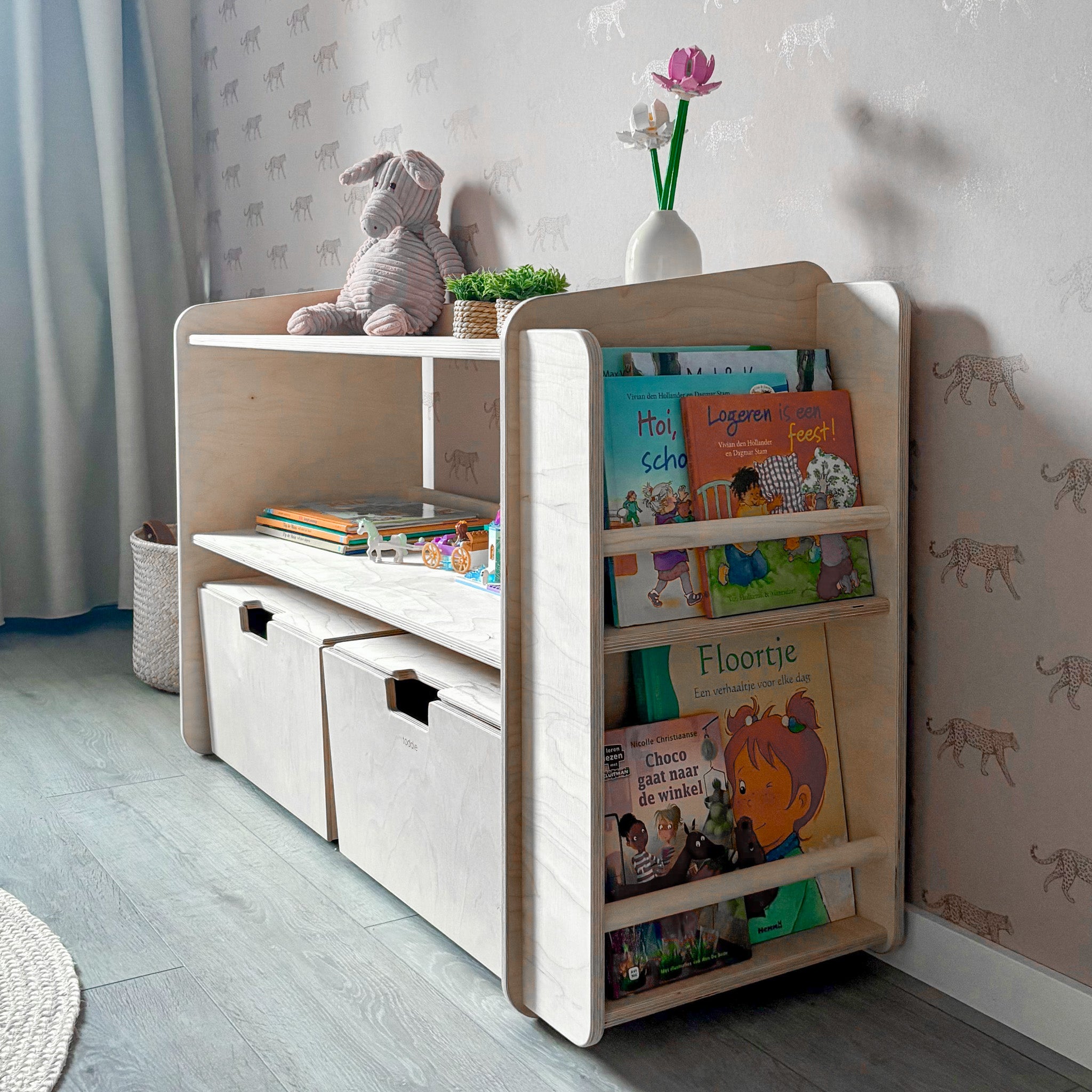 Montessori Offener Spielzeugschrank mit bücherregal + rollbaren Aufbewahrungsboxen | Bücherregal 2 Regalböden - natur Spielzeugschrank toddie.de ®