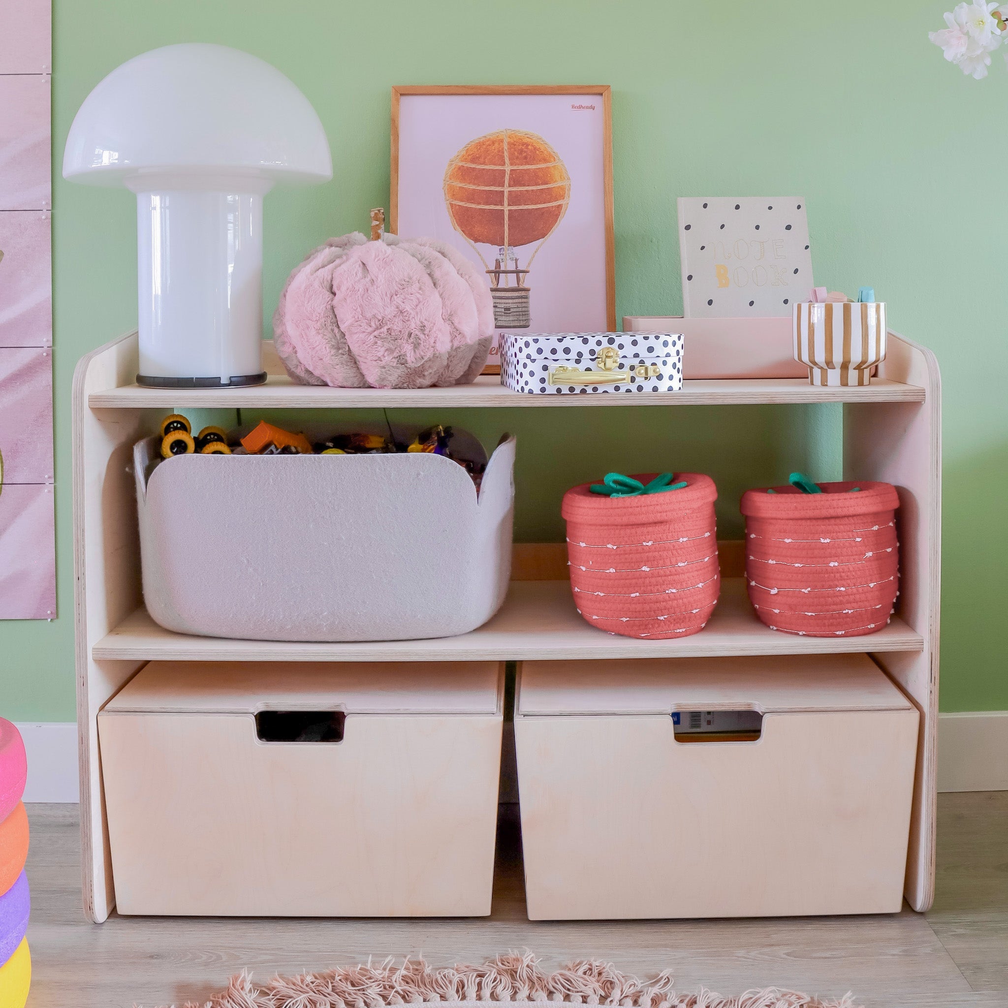 Montessori Offener Spielzeugschrank + rollbaren Aufbewahrungsboxen | Bücherregal 2 Regalböden - natur Offener Spielzeugschrank toddie.de ®