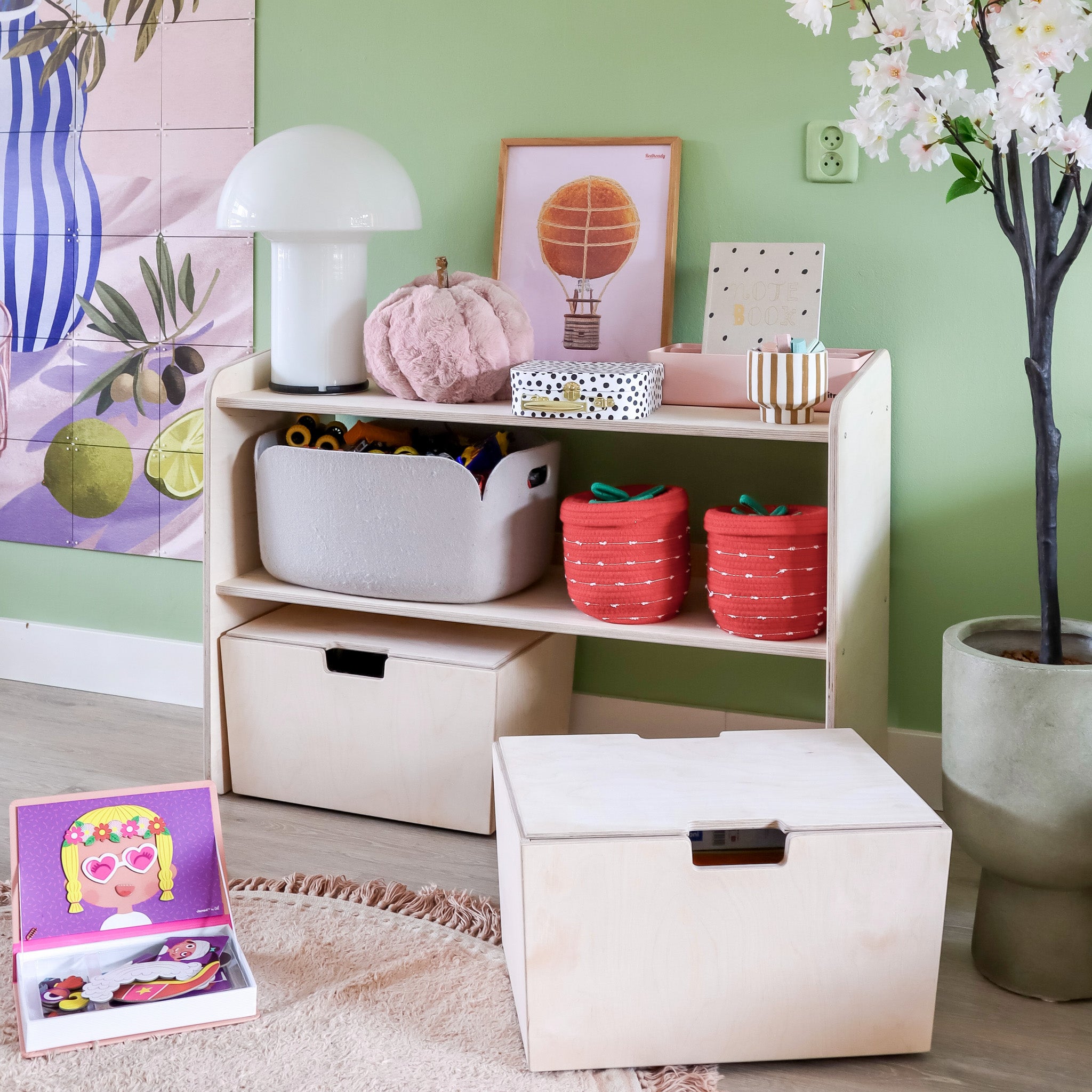 Montessori Offener Spielzeugschrank + rollbaren Aufbewahrungsboxen | Bücherregal 2 Regalböden - natur Offener Spielzeugschrank toddie.de ®