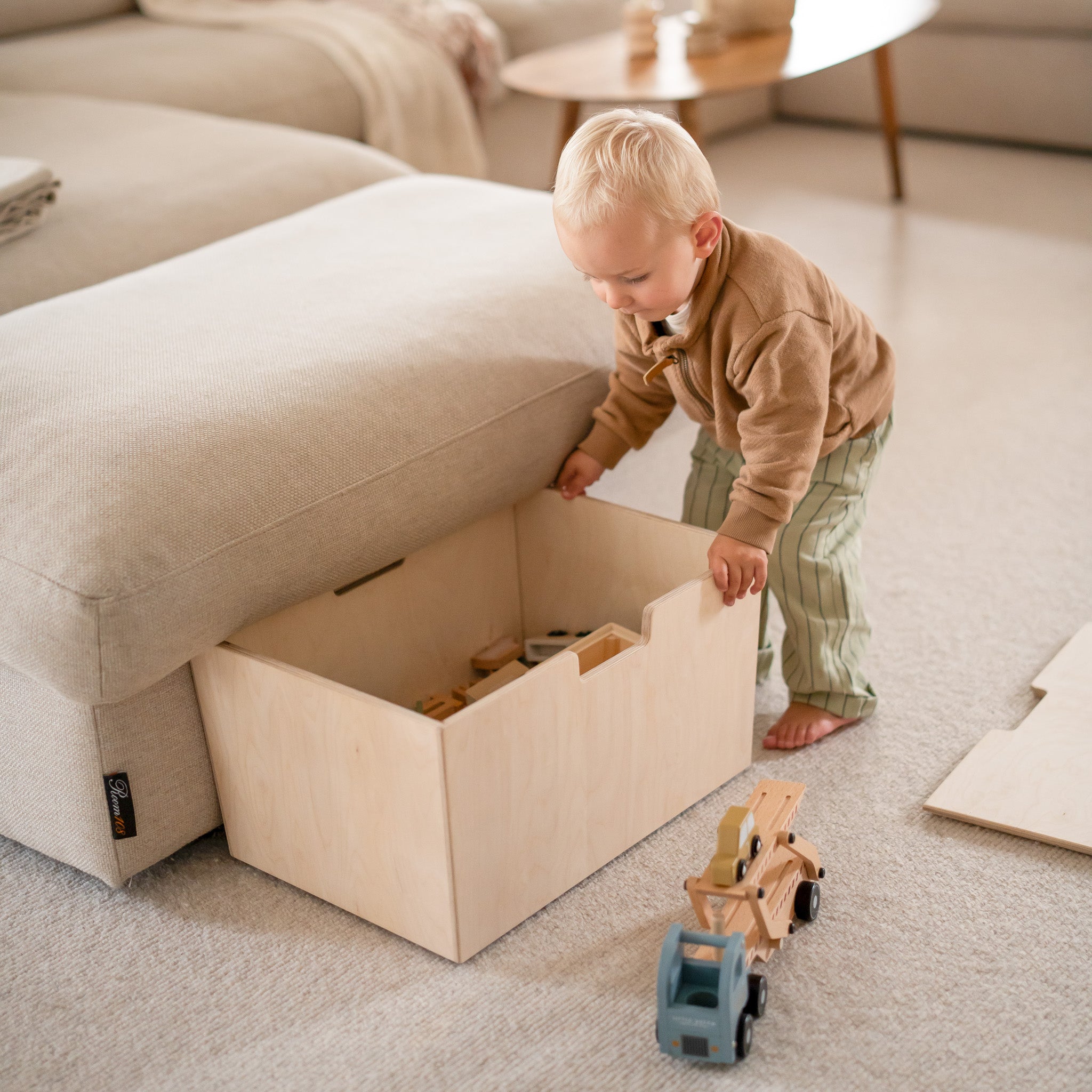 Montessori fahrende Aufbewahrungsbox mit Lenkrollen und Deckel - natur aufbe toddie.de ®
