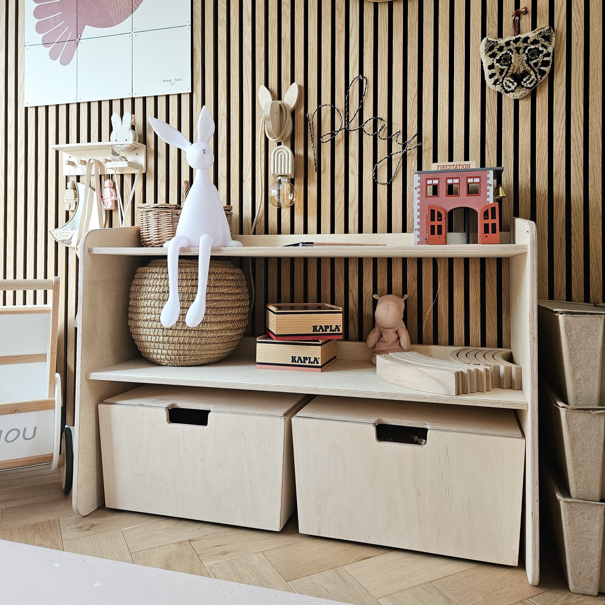 Montessori Offener Spielzeugschrank + rollbaren Aufbewahrungsboxen | Bücherregal 2 Regalböden - natur Offener Spielzeugschrank toddie.de ®