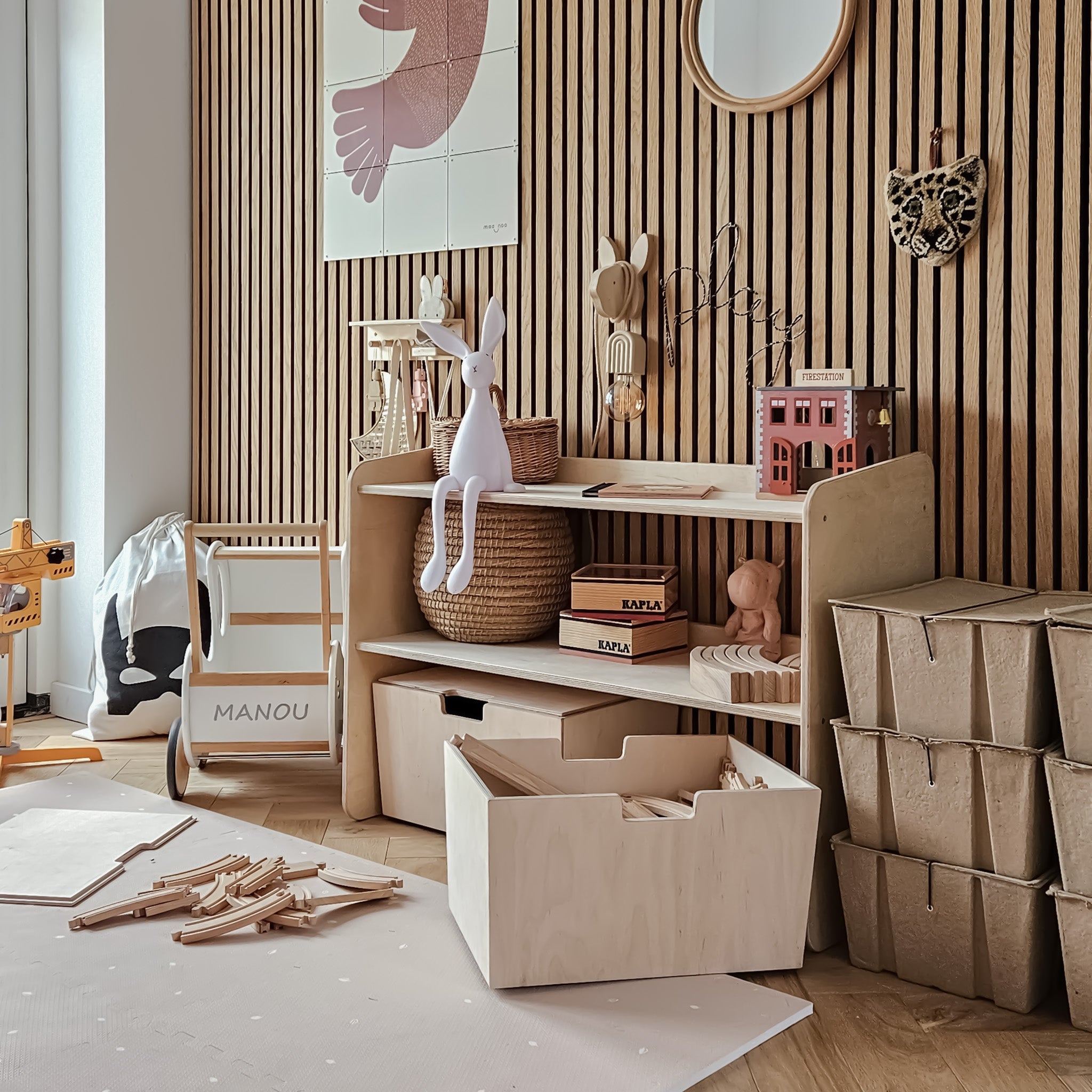 Montessori Offener Spielzeugschrank + rollbaren Aufbewahrungsboxen | Bücherregal 2 Regalböden - natur Offener Spielzeugschrank toddie.de ®