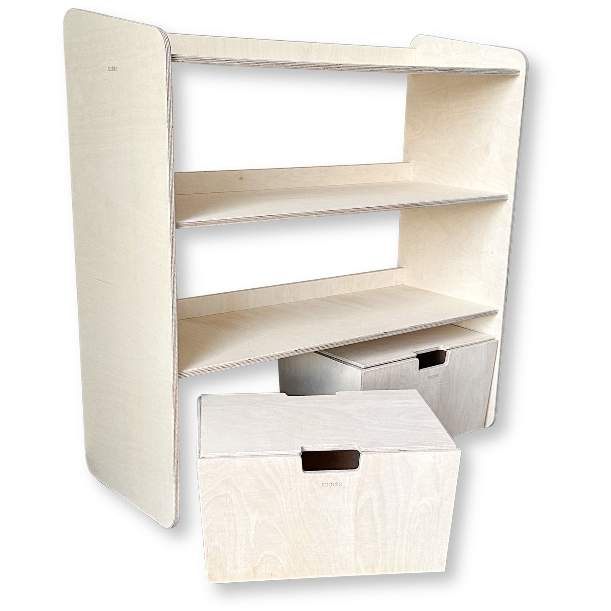 Montessori Offener Spielzeugschrank + rollbaren Aufbewahrungsboxen | Bücherregal 3 Regalböden - natur Offener Spielzeugschrank toddie.de ®