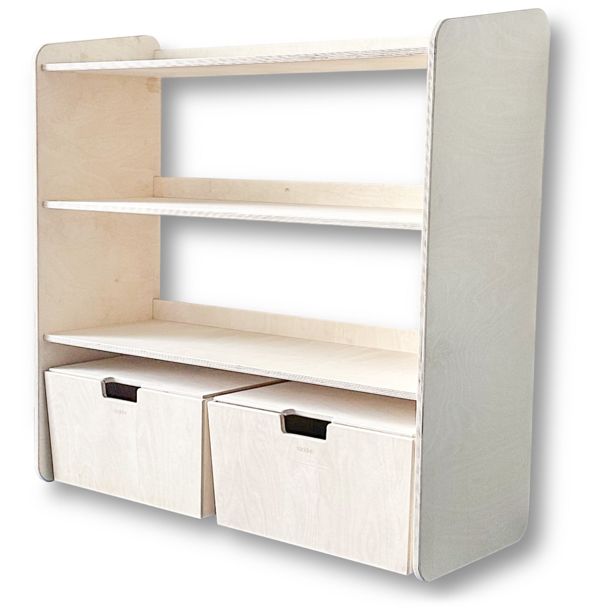 Montessori Offener Spielzeugschrank + rollbaren Aufbewahrungsboxen | Bücherregal 3 Regalböden - natur Offener Spielzeugschrank toddie.de ®