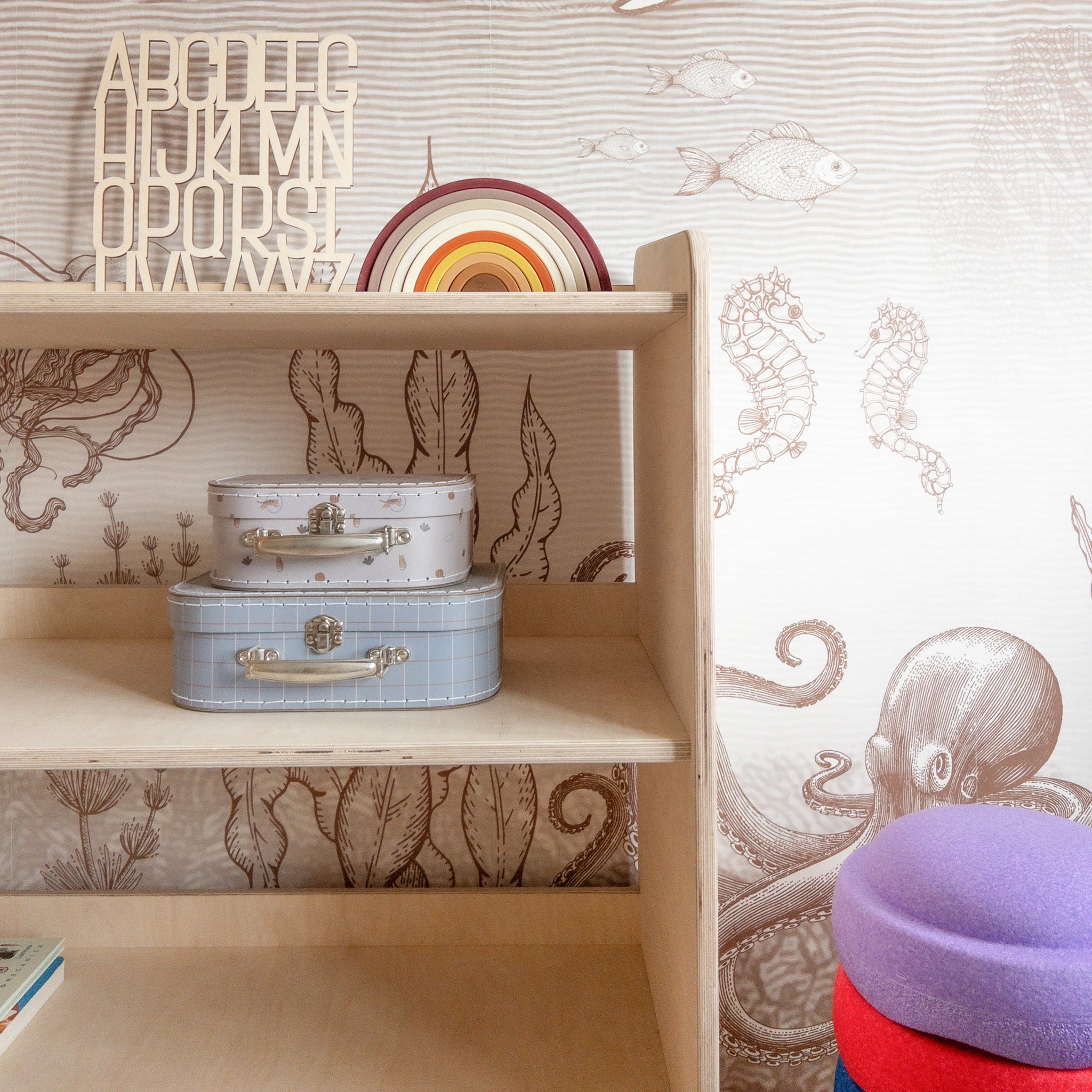 Montessori Spielzeugschrank | Bücherregal 4 regale - natur Spielzeugschrank toddie.de ®