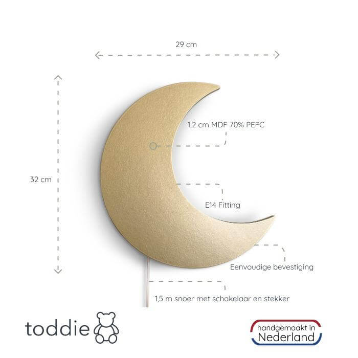 Hölzerne Wandleuchte Kinderzimmer | Mond - gold Wandleuchte toddie.de