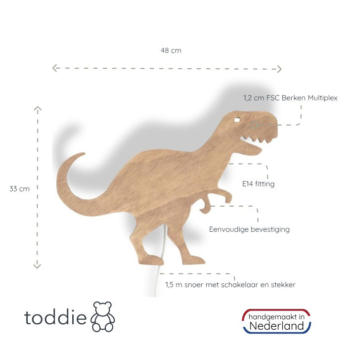 Hölzerne Wandleuchte Kinderzimmer | Tyrannosaurus - natur Wandleuchte toddie.de
