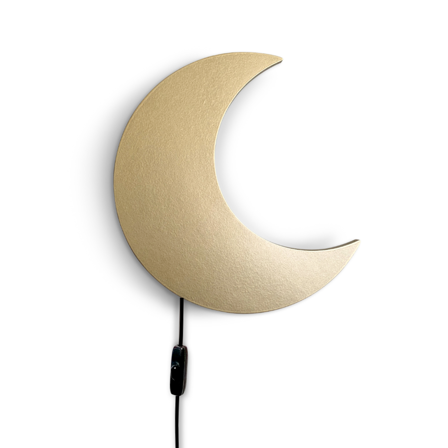 Hölzerne Wandleuchte Kinderzimmer | Mond - gold Wandleuchte toddie.de Schwarzes Kabel