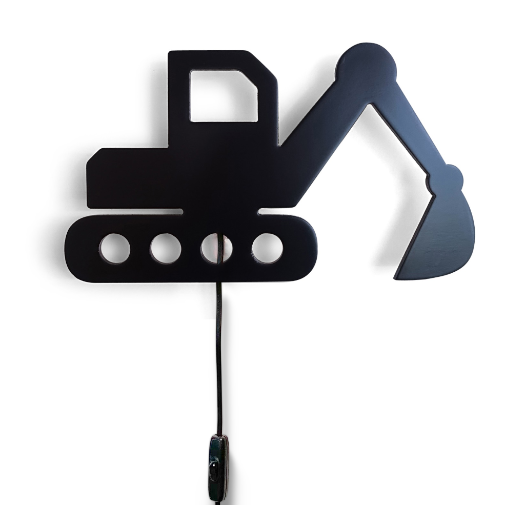 Hölzerne Wandleuchte Kinderzimmer | Bagger - schwarz Wandleuchte toddie.de Schwarzes Kabel