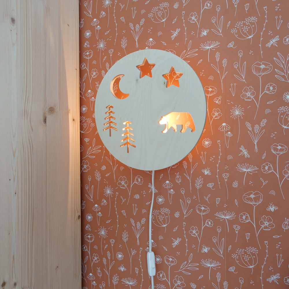 Hölzerne Wandlampe Kinderzimmer | Waldtiere - natur Wandleuchte toddie.de