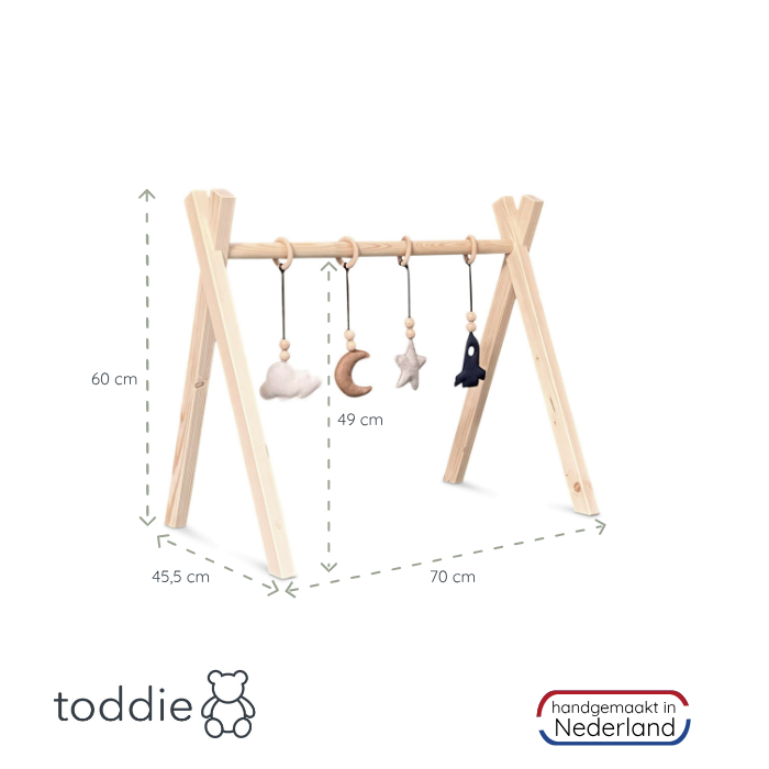 Holz Babygym | Massiver Holzspielbogen Tipi-Form mit Raum Hängespielzeuge - natur Spielbogen + Hängespielzeuge toddie.de