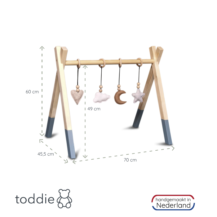 Holz Babygym | Massiver Holzspielbogen Tipi-Form mit Natur Hängespielzeuge - denim drift Spielbogen + Hängespielzeuge toddie.de