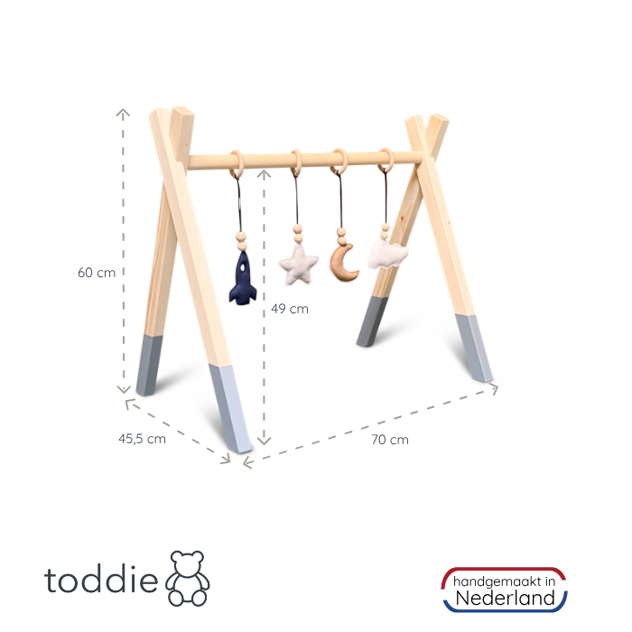 Holz Babygym | Massiver Holzspielbogen Tipi-Form mit Raum hängespielzeuge - denim drift Spielbogen + Hängespielzeuge toddie.de