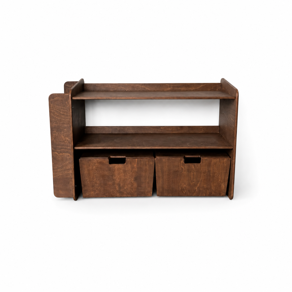 Jollie montessori open speelgoedkast met boekenkast + rijdende opbergkisten - Wengé - toddie.nl ®