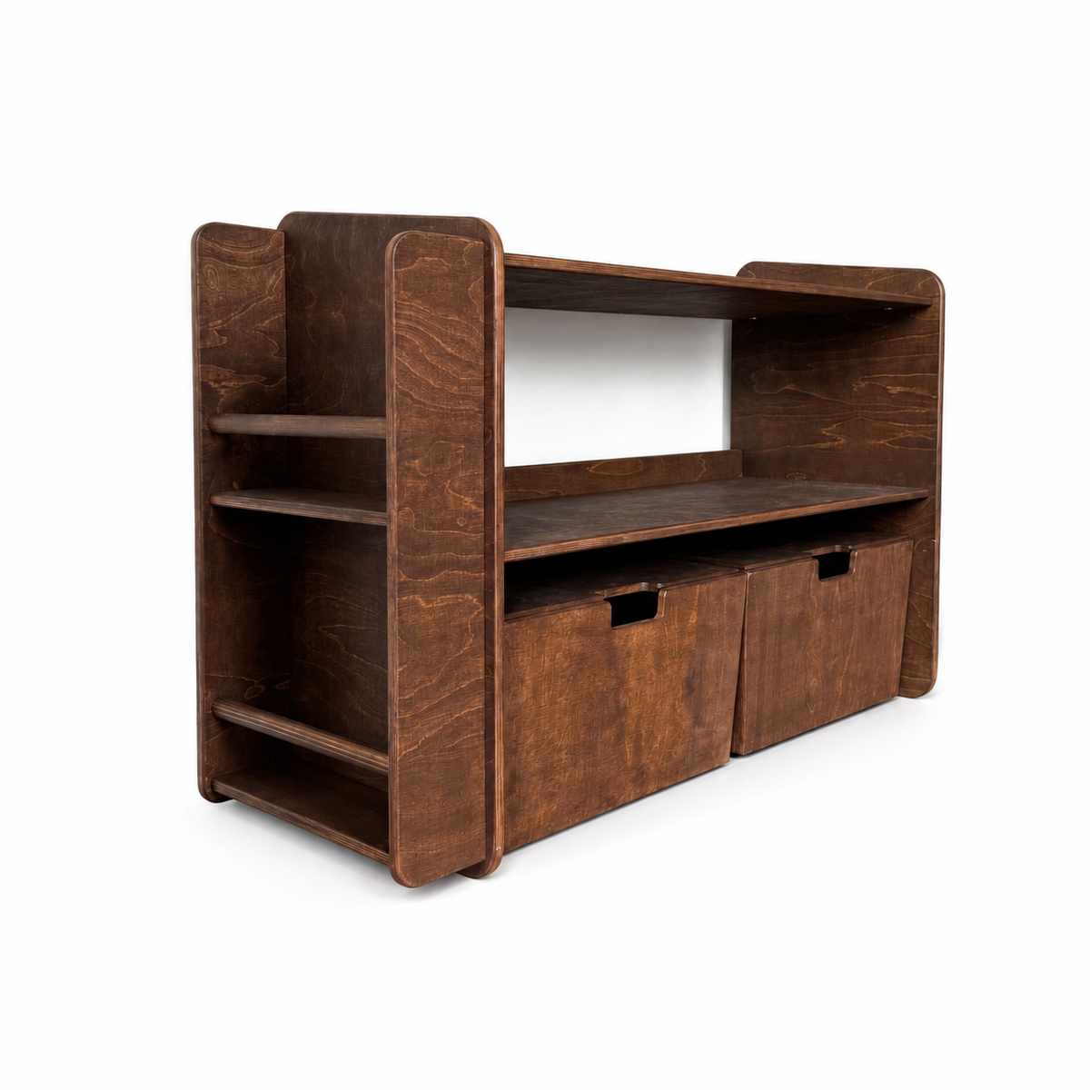 Jollie montessori open speelgoedkast met boekenkast + rijdende opbergkisten - Wengé - toddie.nl ®