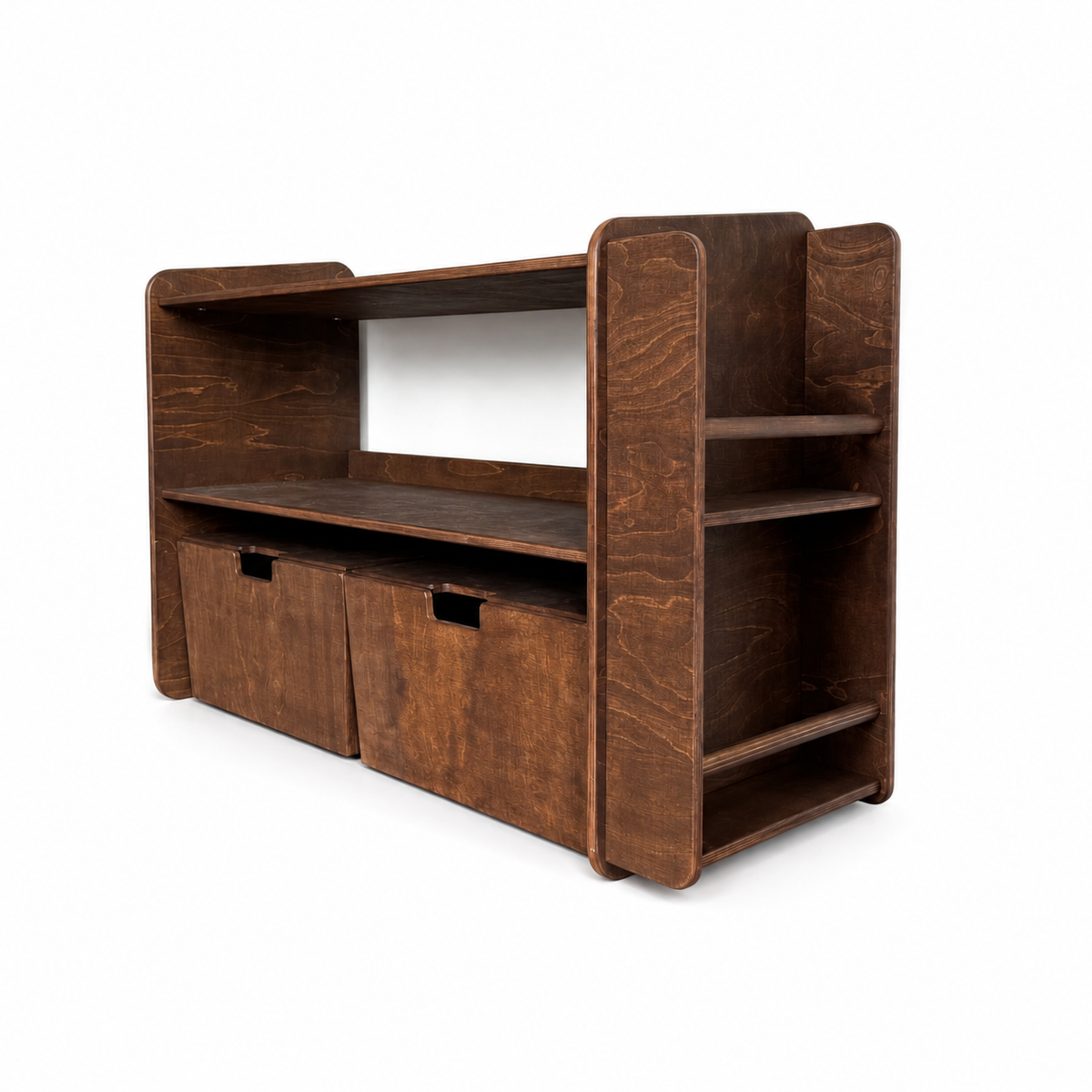 Jollie montessori open speelgoedkast met boekenkast + rijdende opbergkisten - Wengé - toddie.nl ®