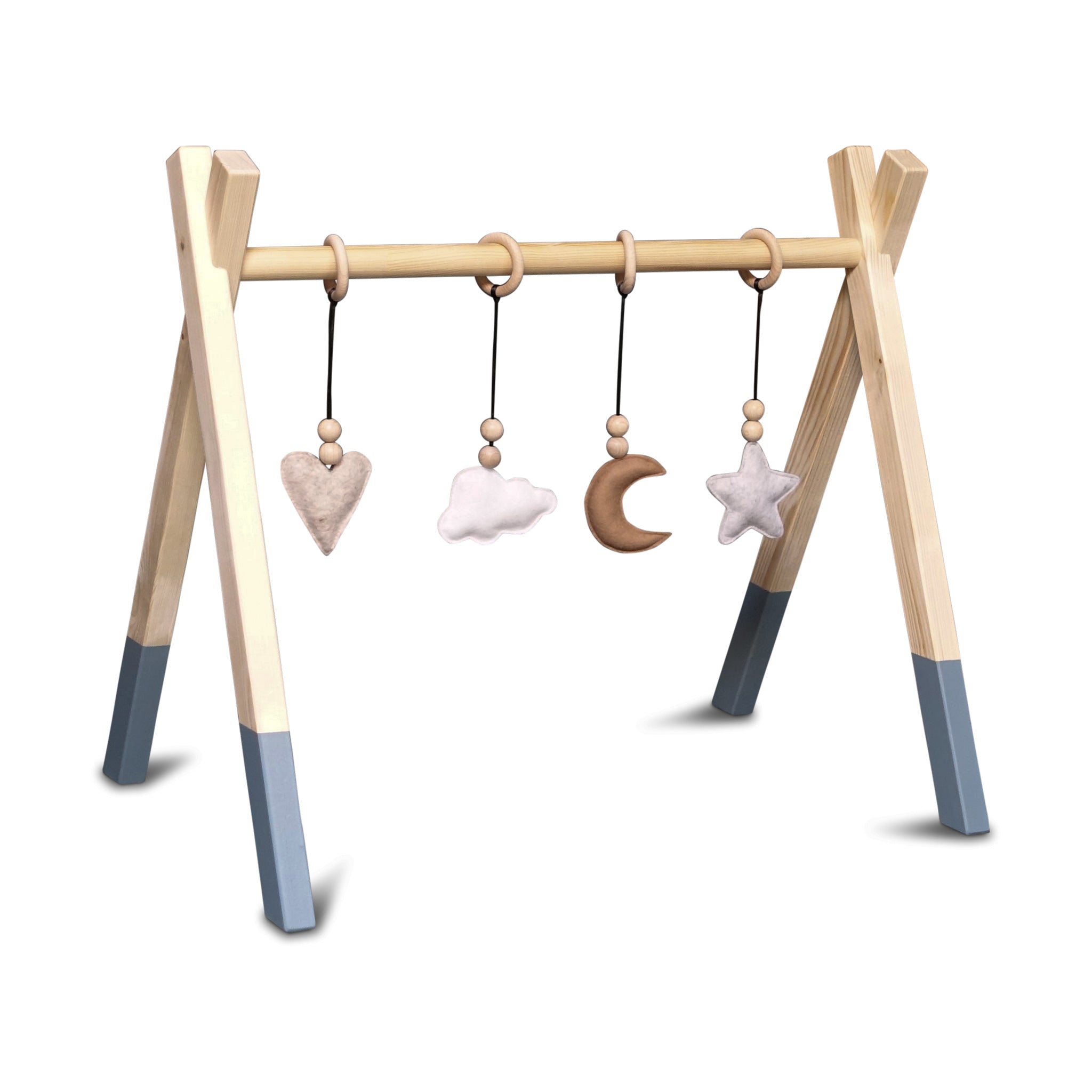 Holz Babygym | Massiver Holzspielbogen Tipi-Form mit Natur Hängespielzeuge - denim drift Spielbogen + Hängespielzeuge toddie.de   