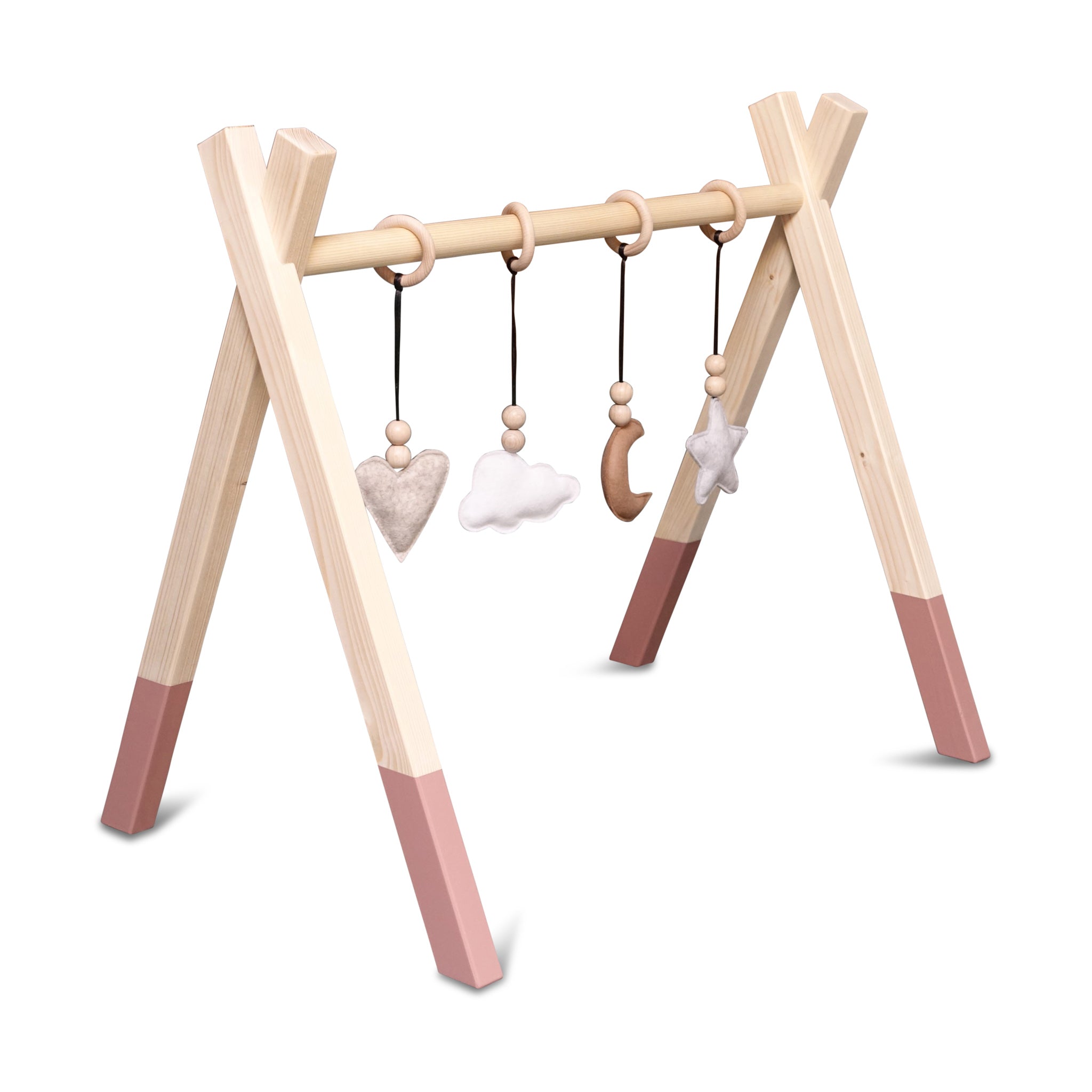 Holz Babygym | Massiver Holzspielbogen Tipi-Form mit Natur hängespielzeuge - terra rosa Spielbogen + Hängespielzeuge toddie.de