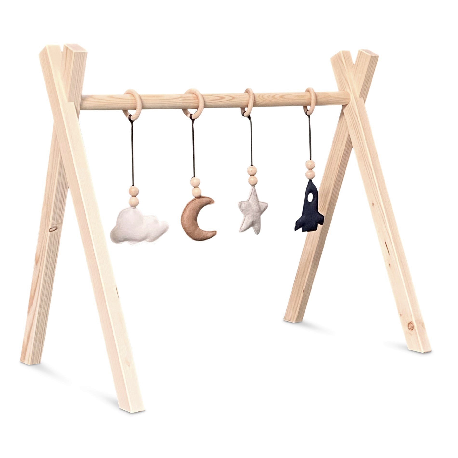 Holz Babygym | Massiver Holzspielbogen Tipi-Form mit Raum Hängespielzeuge - natur Spielbogen + Hängespielzeuge toddie.de