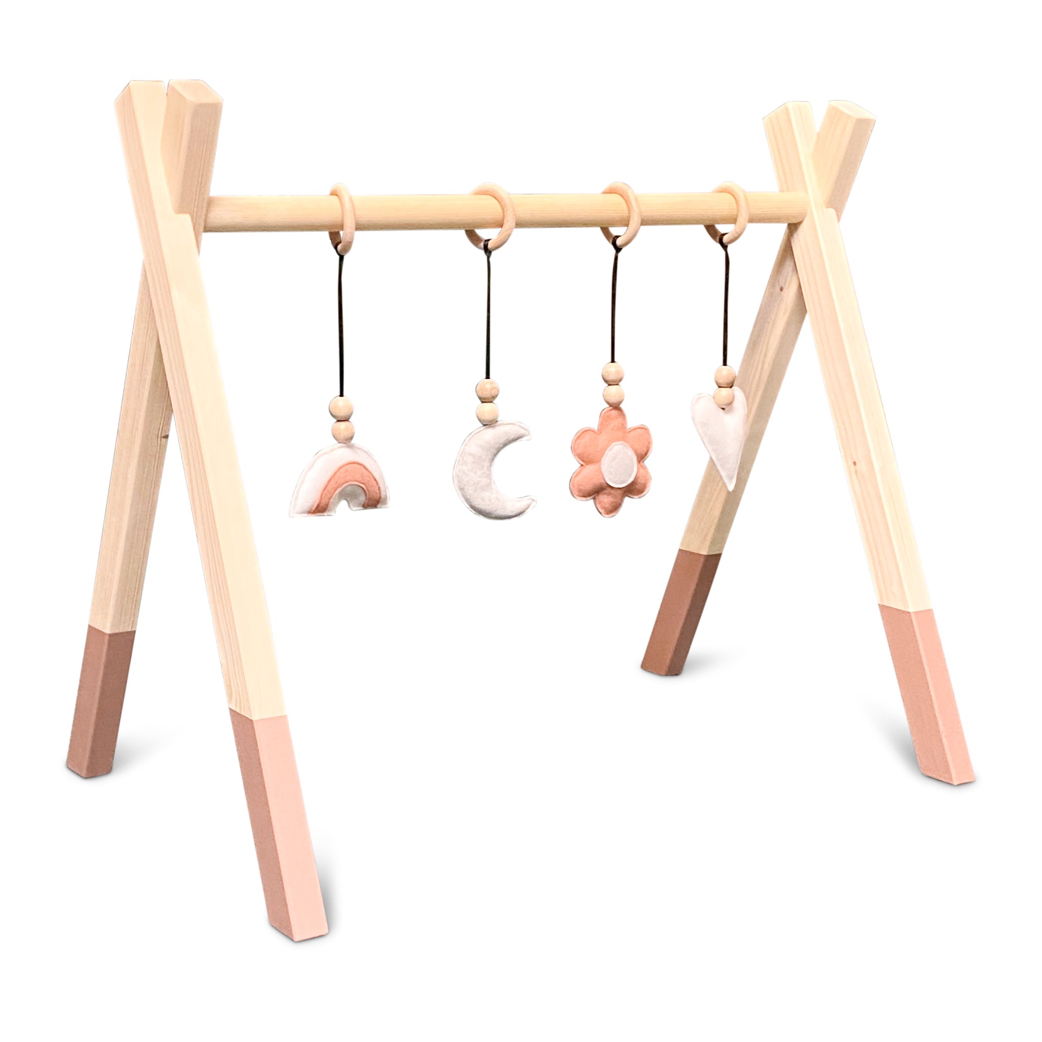 Holz Babygym | Massiver Holzspielbogen Tipi-Form mit Blume und Regenbogen hängespielzeuge - terra rosa Spielbogen + Hängespielzeuge toddie.de