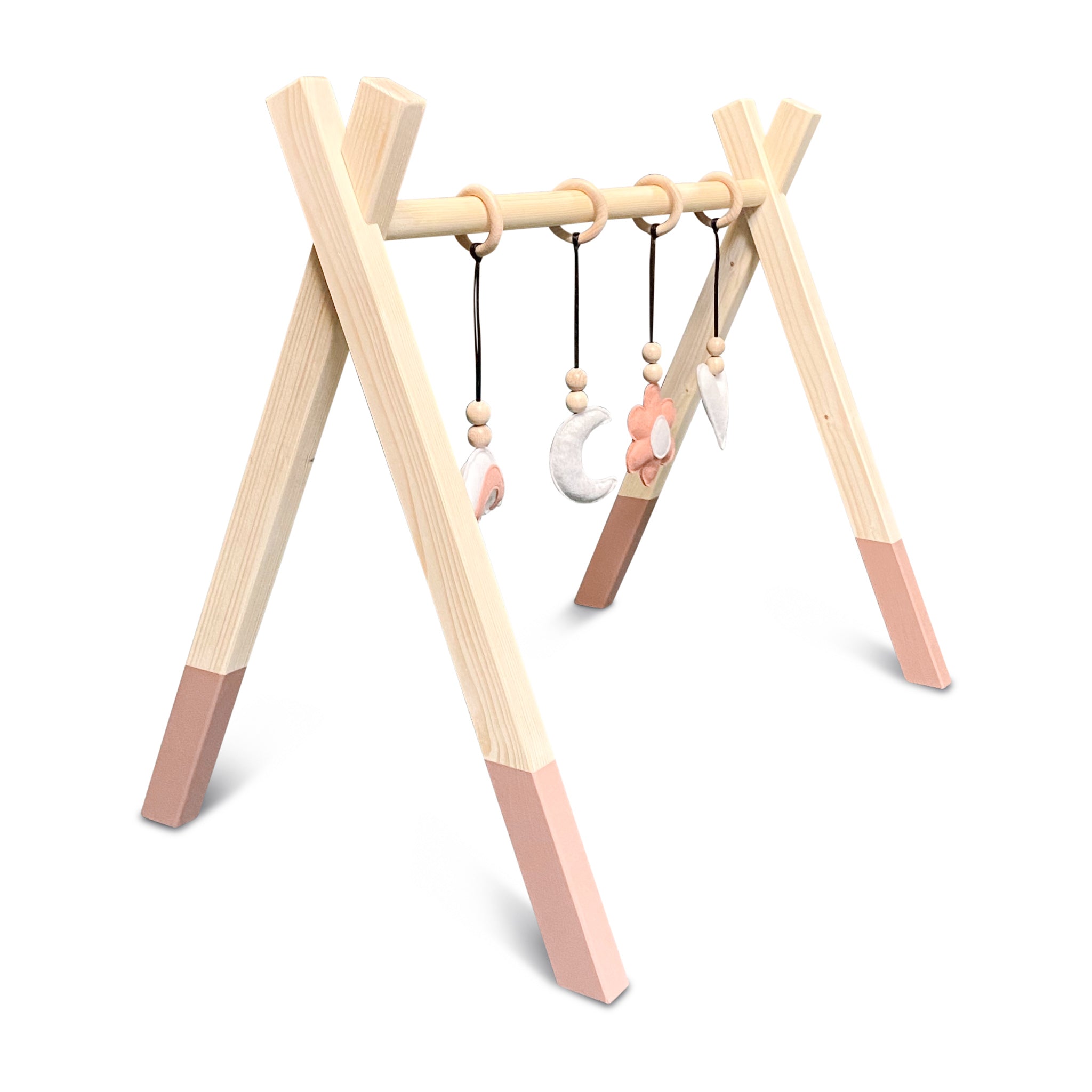 Holz Babygym | Massiver Holzspielbogen Tipi-Form mit Blume und Regenbogen hängespielzeuge - terra rosa Spielbogen + Hängespielzeuge toddie.de