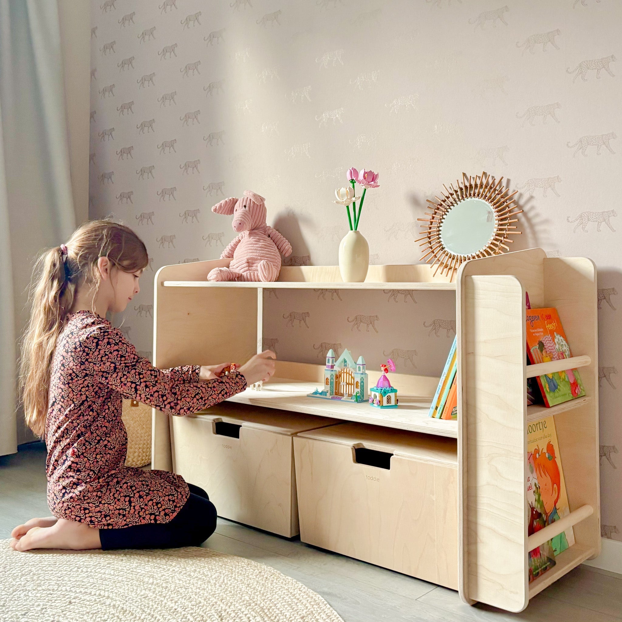 Montessori Offener Spielzeugschrank mit bücherregal + rollbaren Aufbewahrungsboxen | Bücherregal 2 Regalböden - natur Spielzeugschrank toddie.de ®