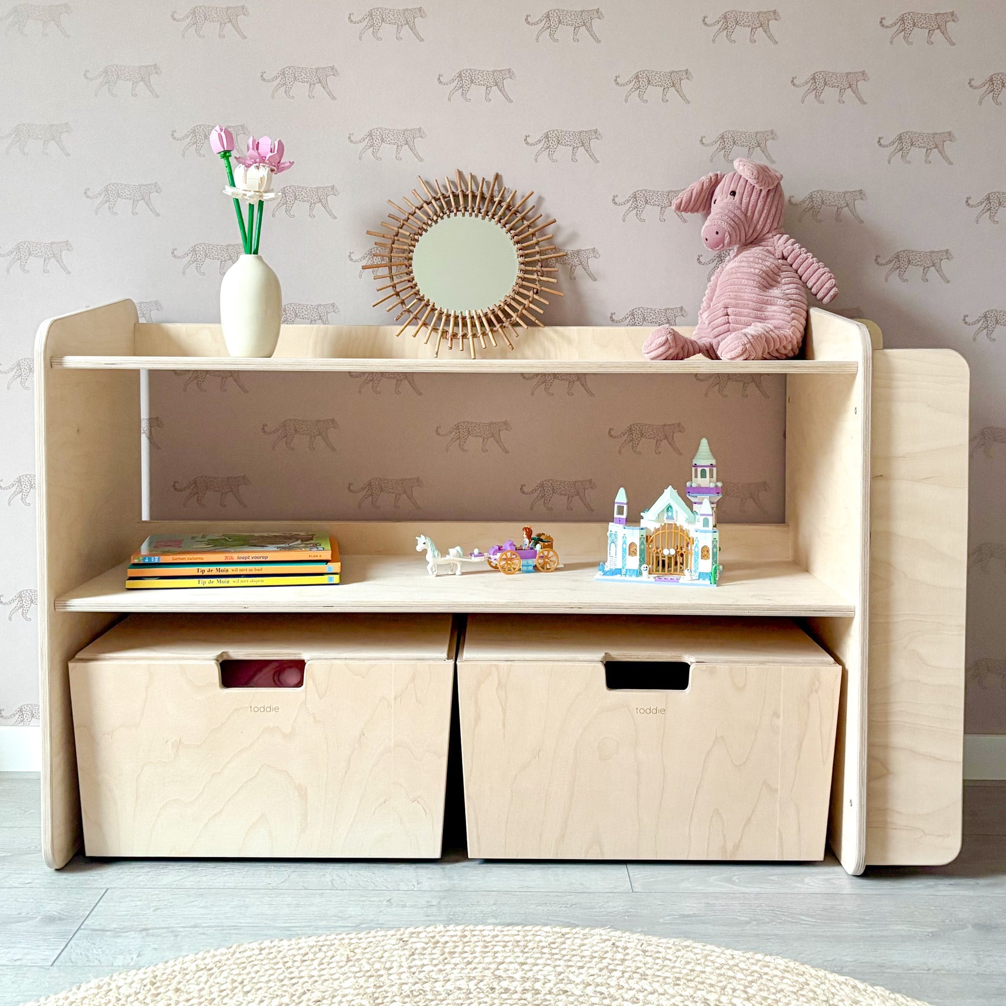 Montessori Offener Spielzeugschrank mit bücherregal + rollbaren Aufbewahrungsboxen | Bücherregal 2 Regalböden - natur Spielzeugschrank toddie.de ®