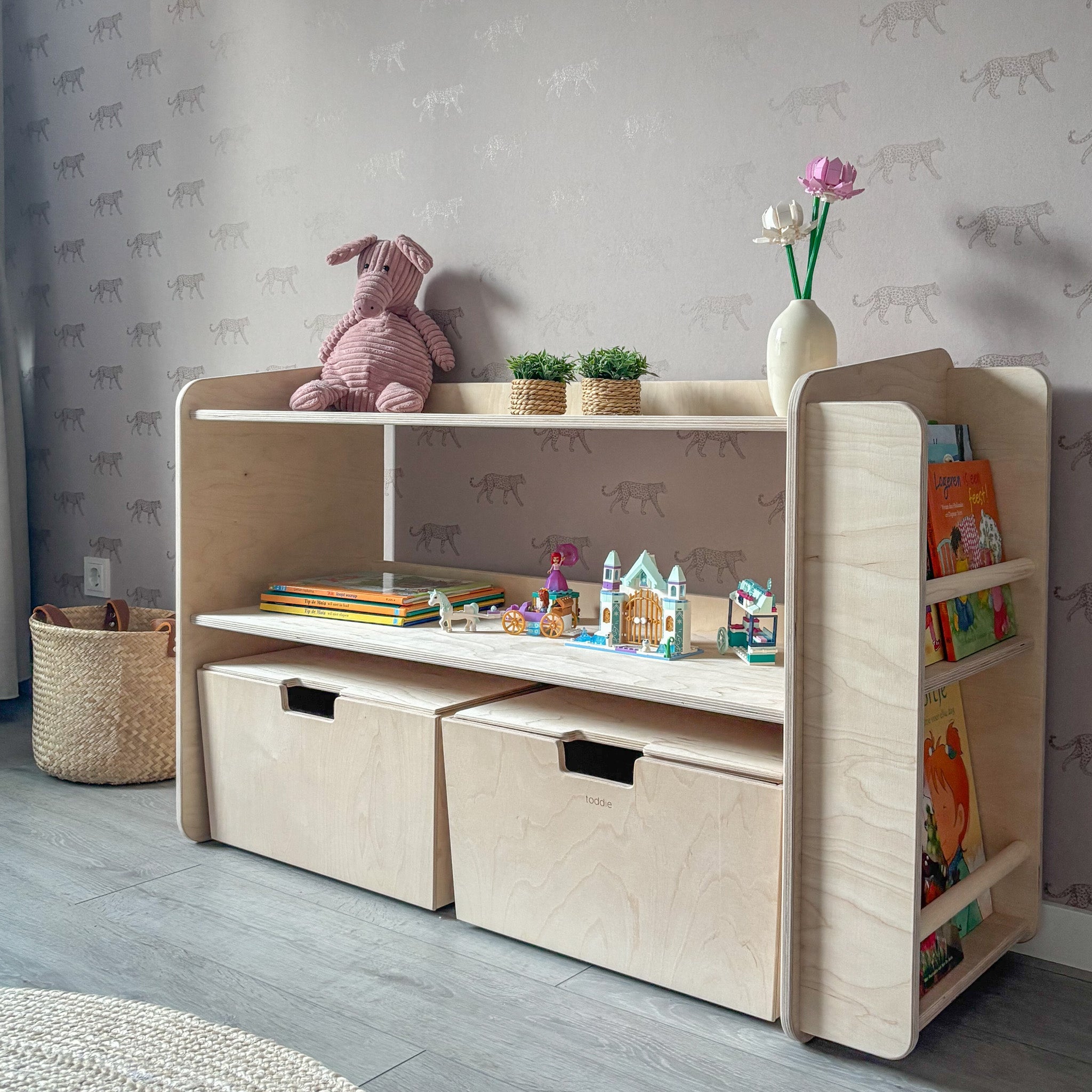 Montessori Offener Spielzeugschrank mit bücherregal + rollbaren Aufbewahrungsboxen | Bücherregal 2 Regalböden - natur Spielzeugschrank toddie.de ®