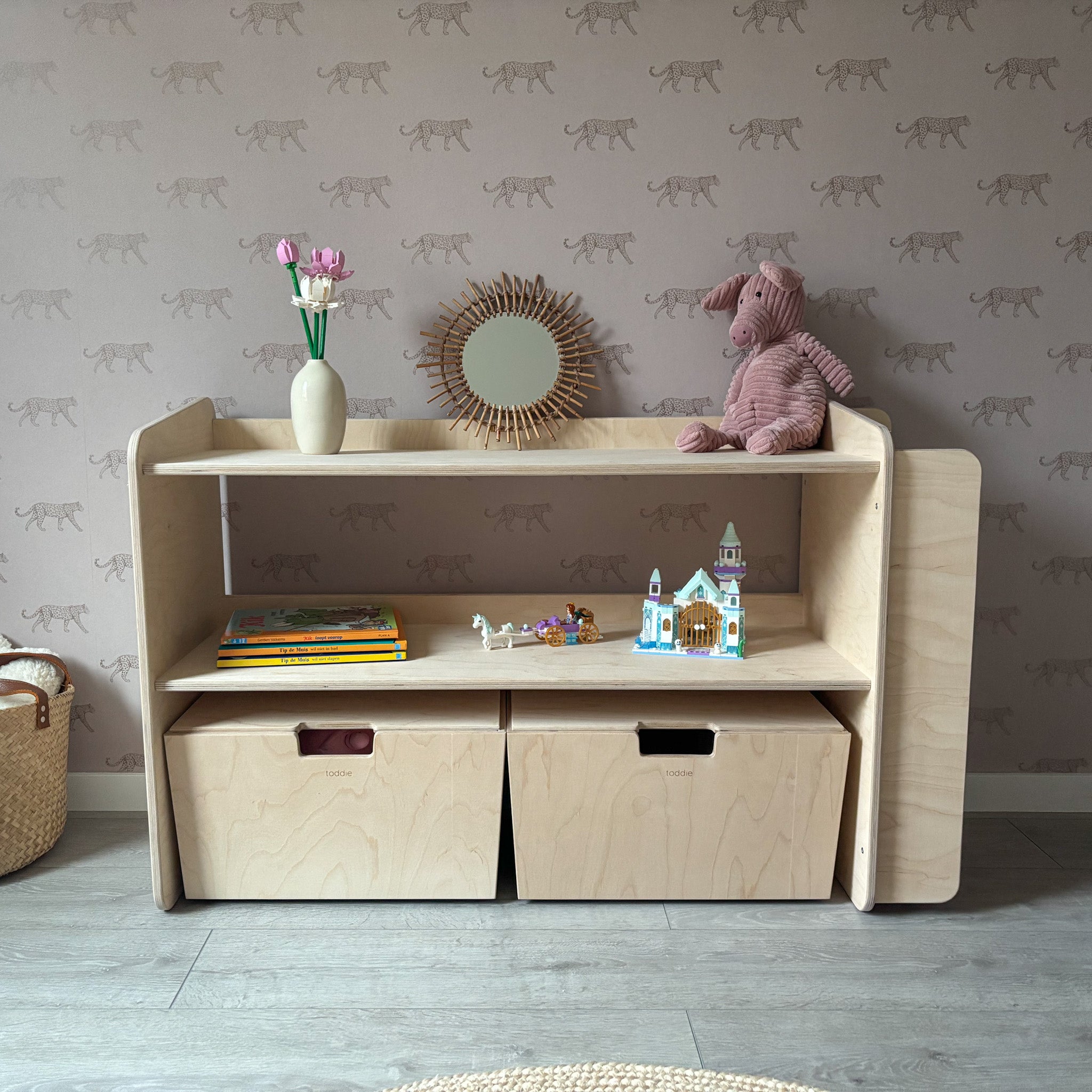 Montessori Offener Spielzeugschrank mit bücherregal + rollbaren Aufbewahrungsboxen | Bücherregal 2 Regalböden - natur Spielzeugschrank toddie.de ®