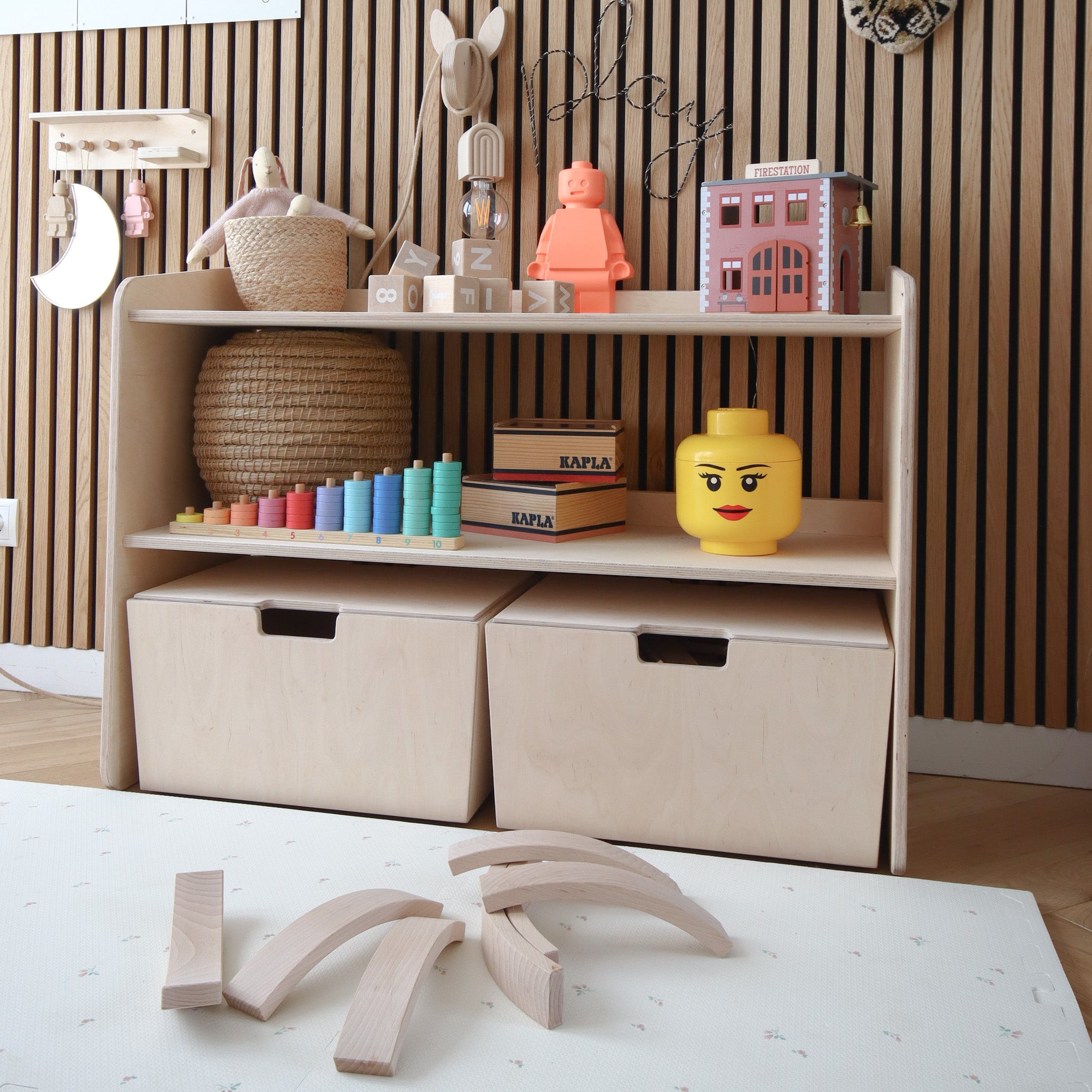 Montessori Offener Spielzeugschrank + rollbaren Aufbewahrungsboxen | Bücherregal 2 Regalböden - natur Offener Spielzeugschrank toddie.de ®   
