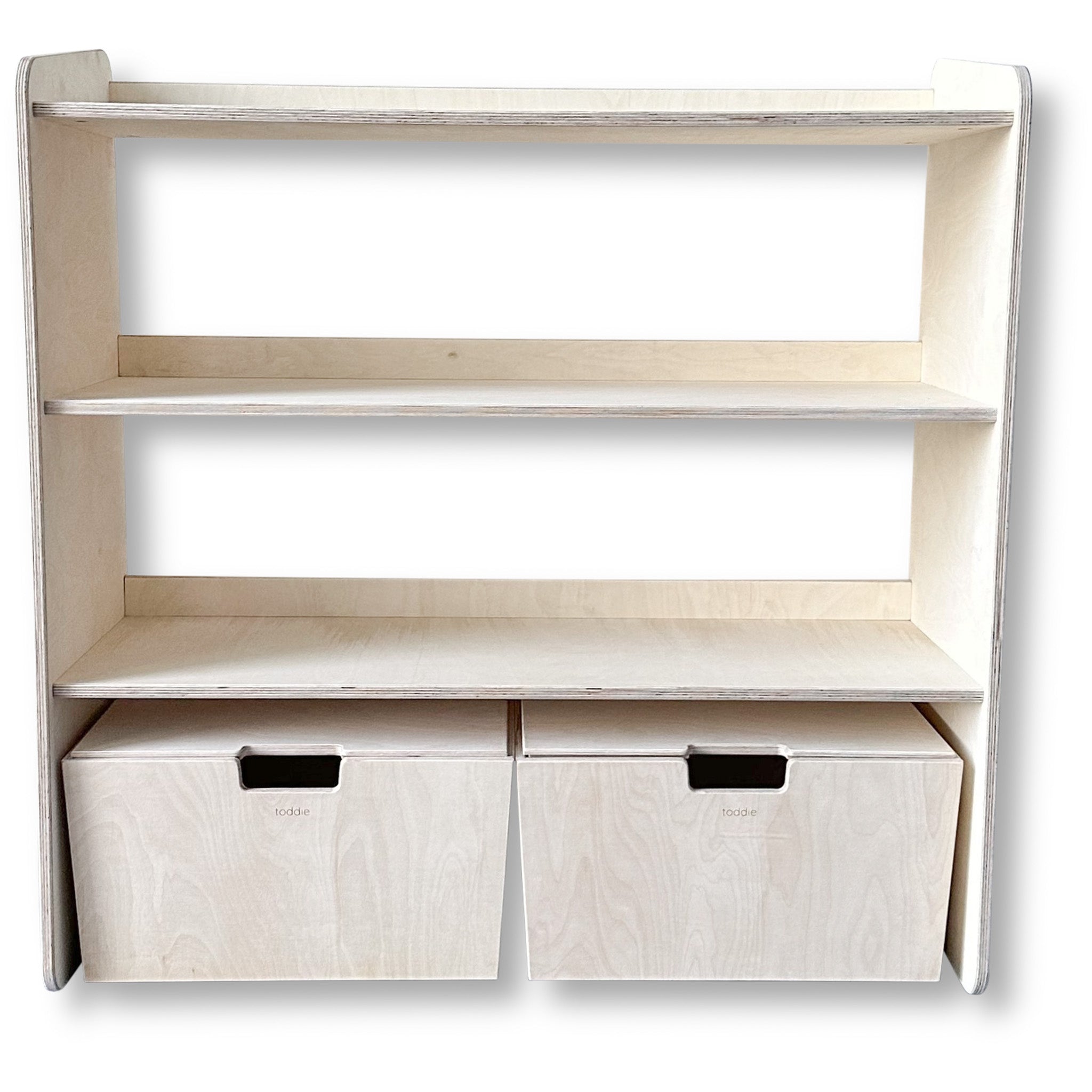 Montessori Offener Spielzeugschrank + rollbaren Aufbewahrungsboxen | Bücherregal 3 Regalböden - natur Offener Spielzeugschrank toddie.de ®