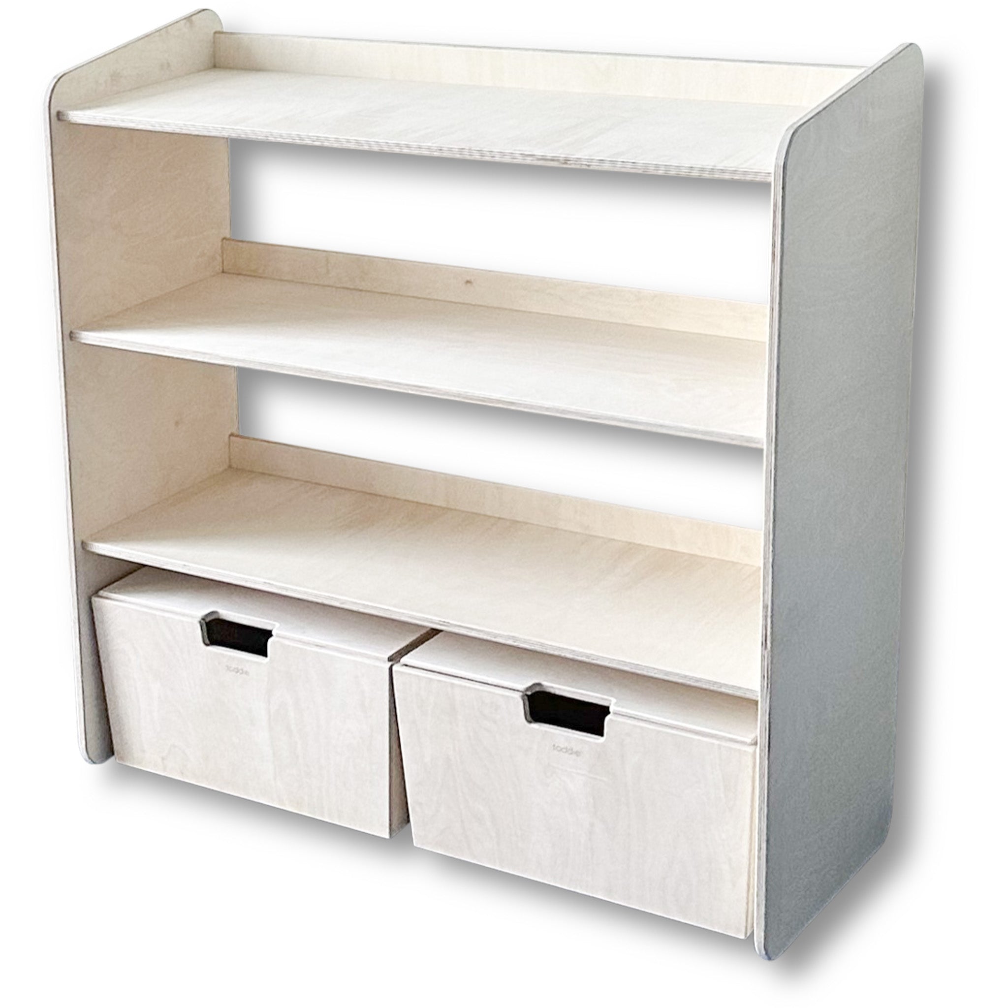 Montessori Offener Spielzeugschrank + rollbaren Aufbewahrungsboxen | Bücherregal 3 Regalböden - natur Offener Spielzeugschrank toddie.de ®