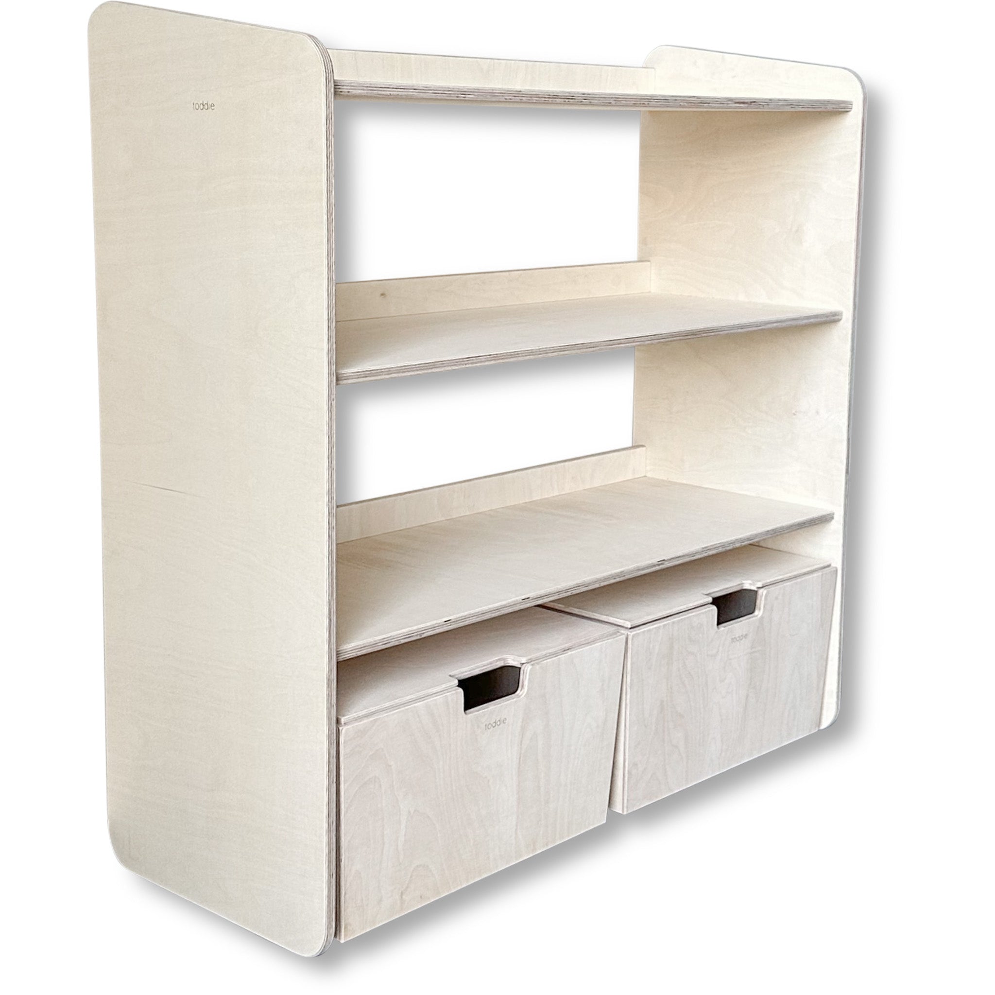 Montessori Offener Spielzeugschrank + rollbaren Aufbewahrungsboxen | Bücherregal 3 Regalböden - natur Offener Spielzeugschrank toddie.de ®