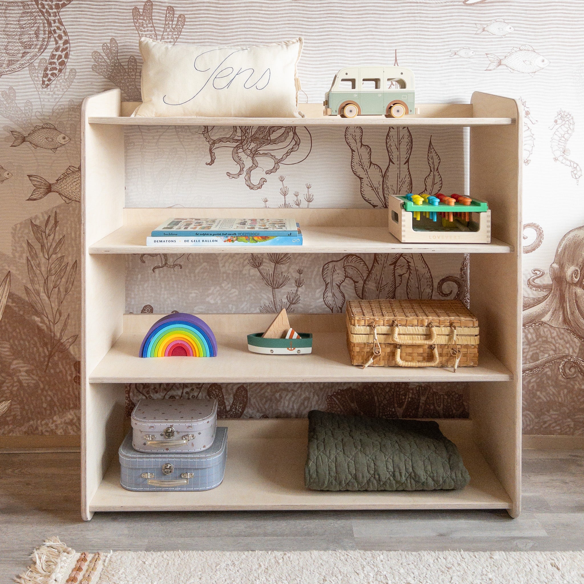 Montessori Spielzeugschrank | Bücherregal 4 regale - natur Spielzeugschrank toddie.de ®   