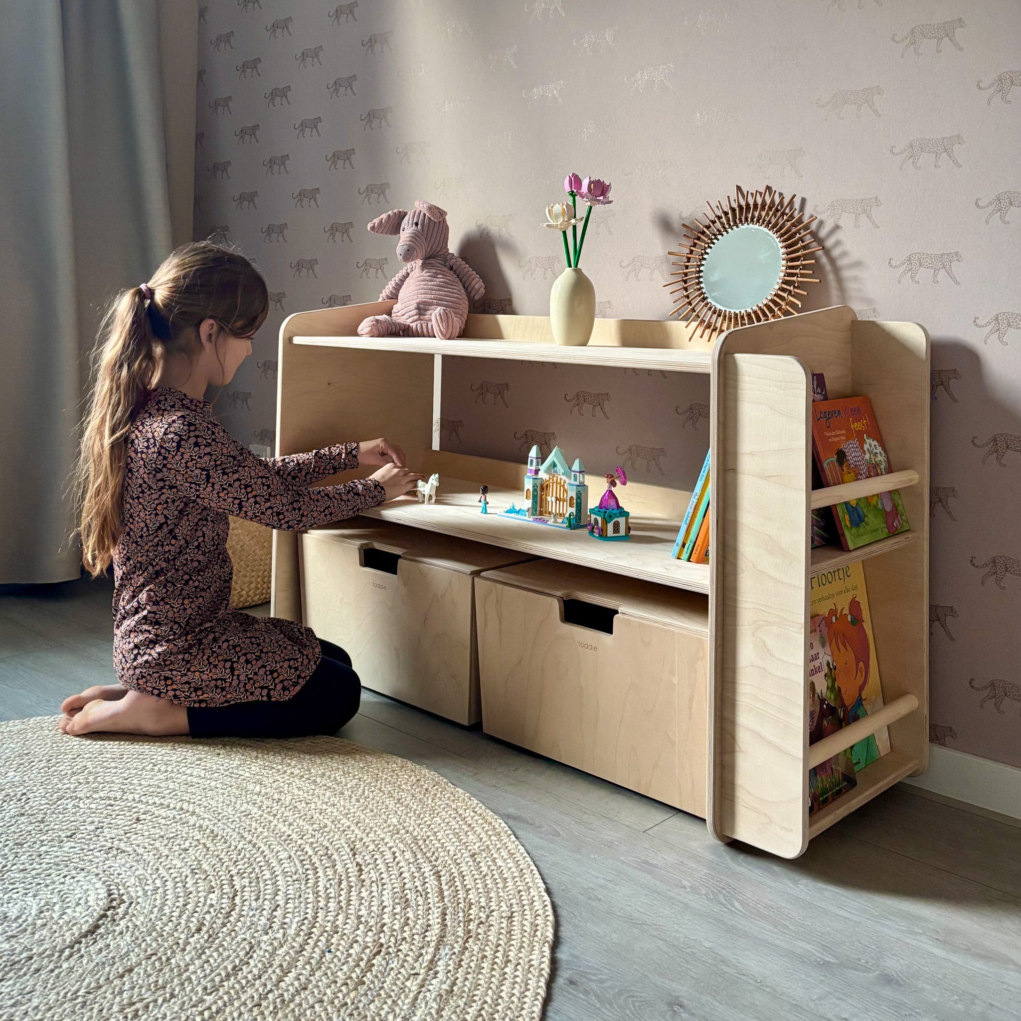 Montessori Offener Spielzeugschrank mit bücherregal + rollbaren Aufbewahrungsboxen | Bücherregal 2 Regalböden - natur Spielzeugschrank toddie.de ®