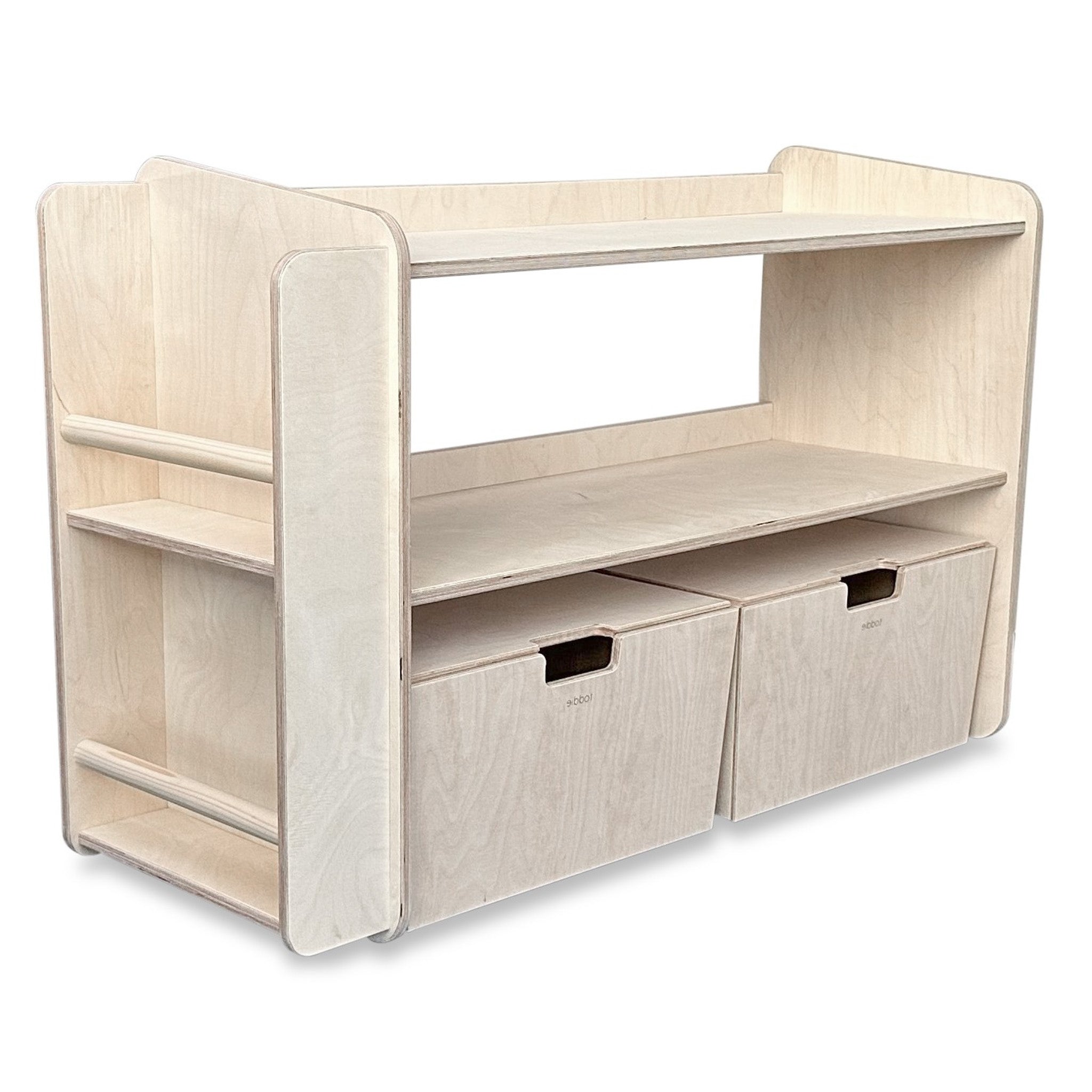 Montessori Offener Spielzeugschrank mit bücherregal + rollbaren Aufbewahrungsboxen | Bücherregal 2 Regalböden - natur Spielzeugschrank toddie.de ® Bücherregal links